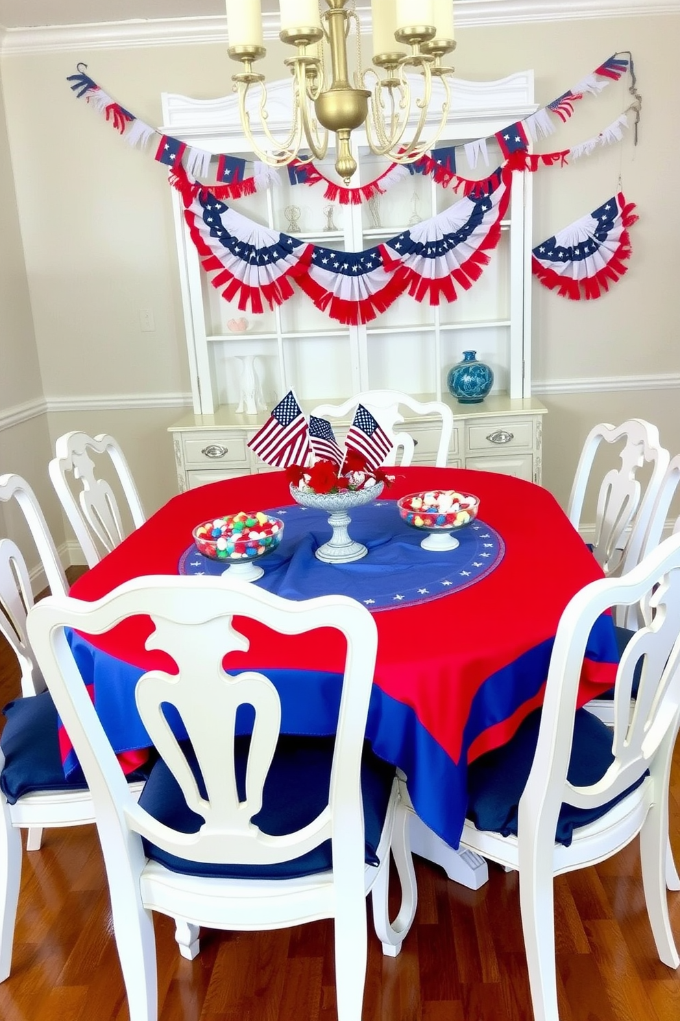 A festive dining room setting for Independence Day. The table is adorned with a vibrant red and blue tablecloth, and decorative bowls filled with an assortment of patriotic candies are placed at the center. Surrounding the table are elegant white chairs with blue cushions. Red, white, and blue bunting hangs from the walls, creating a cheerful and celebratory atmosphere.