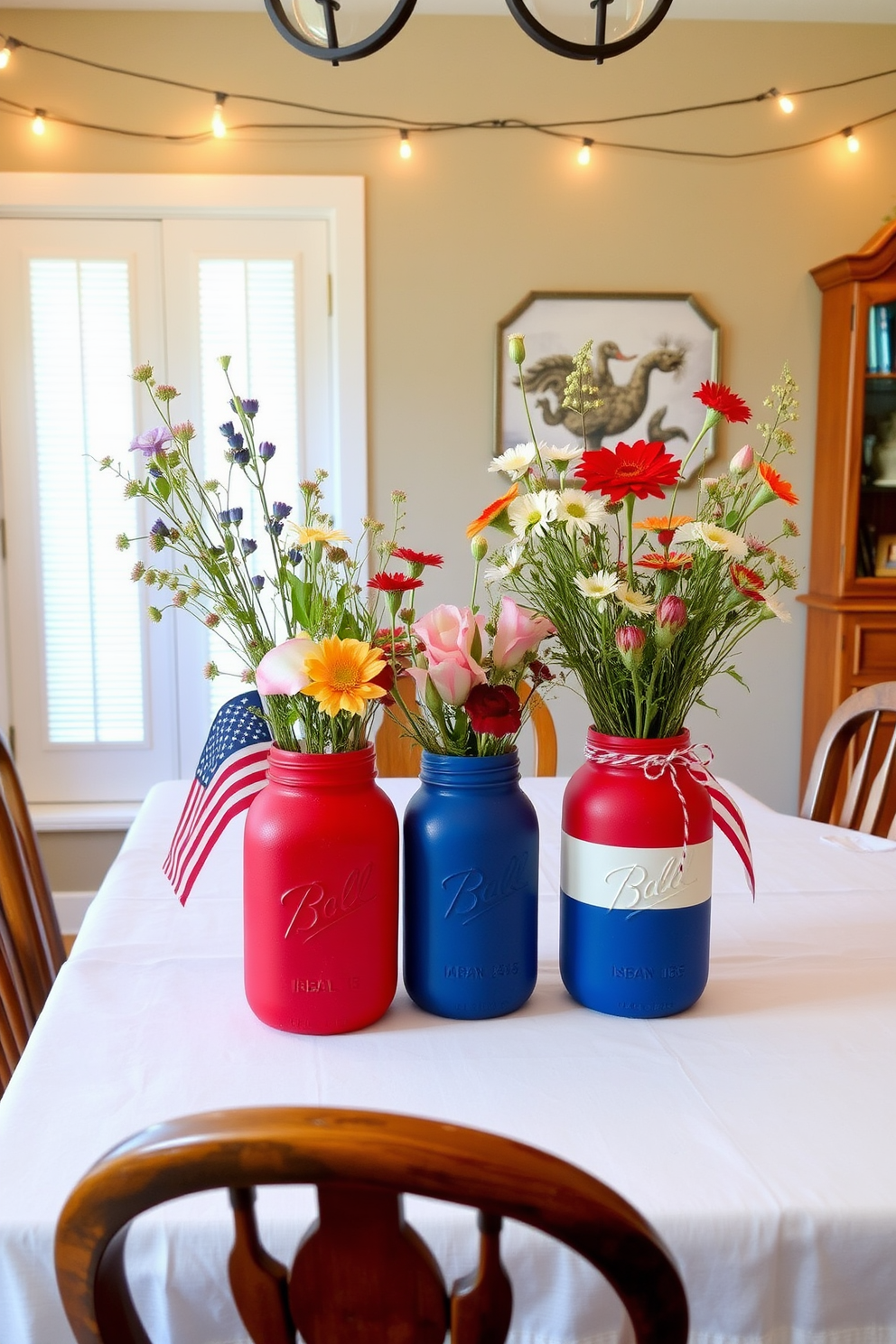 A festive dining room setting that showcases DIY painted mason jars as vases. The jars are adorned with red white and blue colors and filled with fresh wildflowers creating a patriotic centerpiece on the table. The dining table is set with a crisp white tablecloth and surrounded by rustic wooden chairs. String lights hang overhead adding a warm glow to the celebration atmosphere.