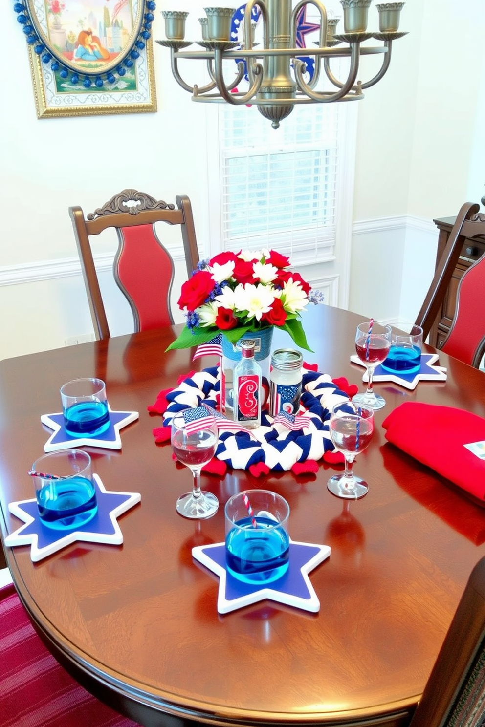 Create a festive dining room setting for Independence Day. The table is adorned with star shaped coasters for drinks, surrounded by red white and blue decorations. Include a centerpiece featuring a vibrant arrangement of flowers in patriotic colors. The dining chairs are upholstered in a complementary fabric that enhances the celebratory atmosphere.