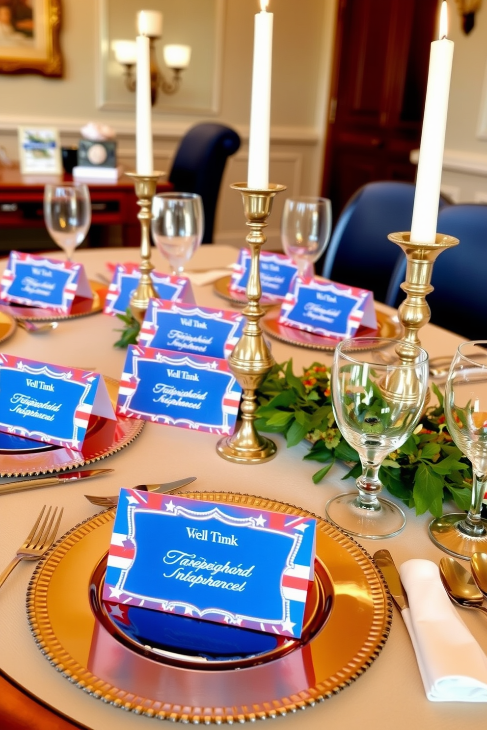 Festive place cards featuring red white and blue designs are elegantly arranged on a beautifully set dining table. Each card is adorned with stars and stripes reflecting the spirit of Independence Day, creating a warm and inviting atmosphere for guests.