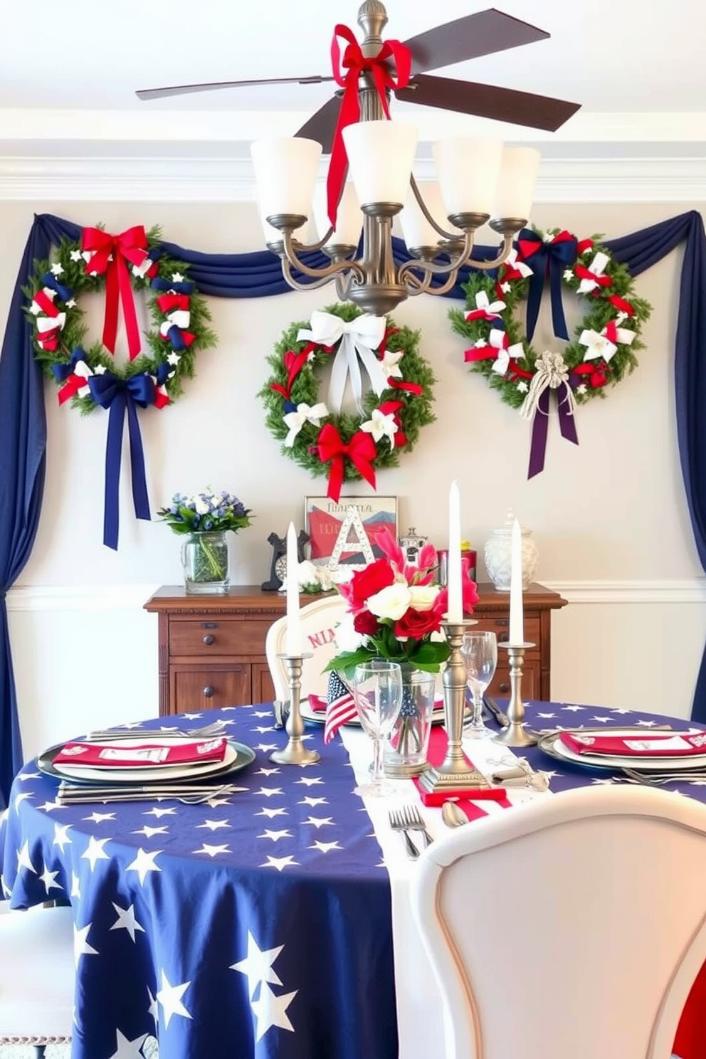 A festive dining room setting adorned with wreaths made of red white and blue ribbons. The table is set with a patriotic tablecloth featuring stars and stripes, complemented by elegant dinnerware and candle holders.