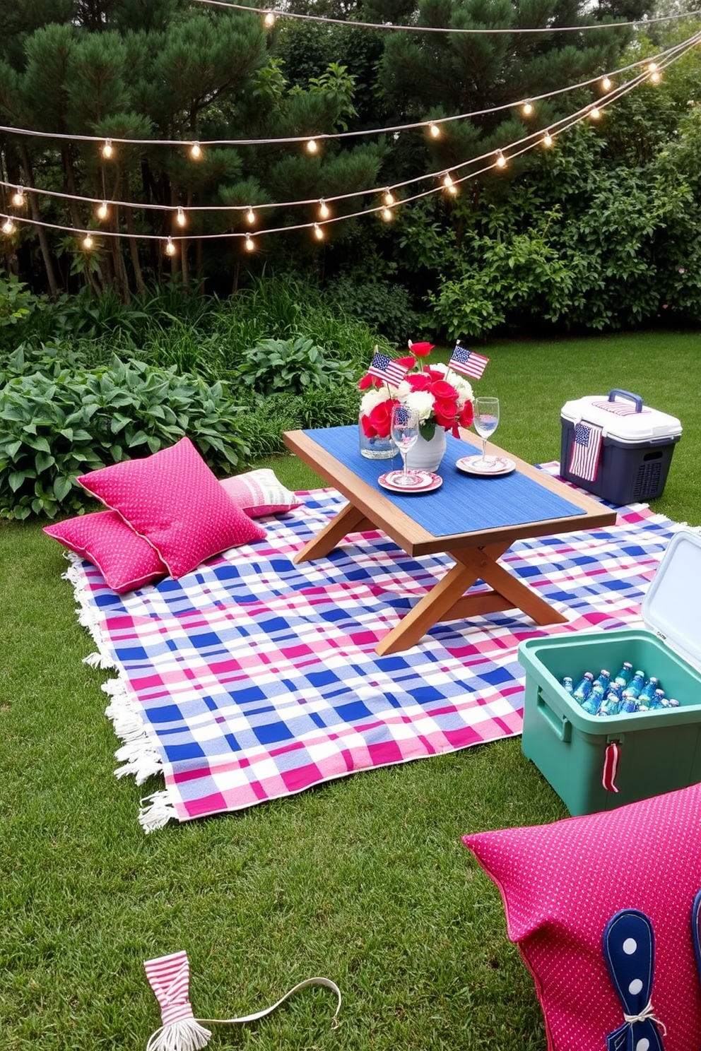 A charming outdoor picnic dining setup featuring a large checkered picnic blanket spread across the grass. A wooden table is adorned with red white and blue tableware and a centerpiece of fresh flowers in patriotic colors. The dining area is surrounded by lush greenery and fairy lights strung above to create a festive atmosphere. Colorful cushions are scattered for comfortable seating and a small cooler is placed nearby filled with refreshing beverages.