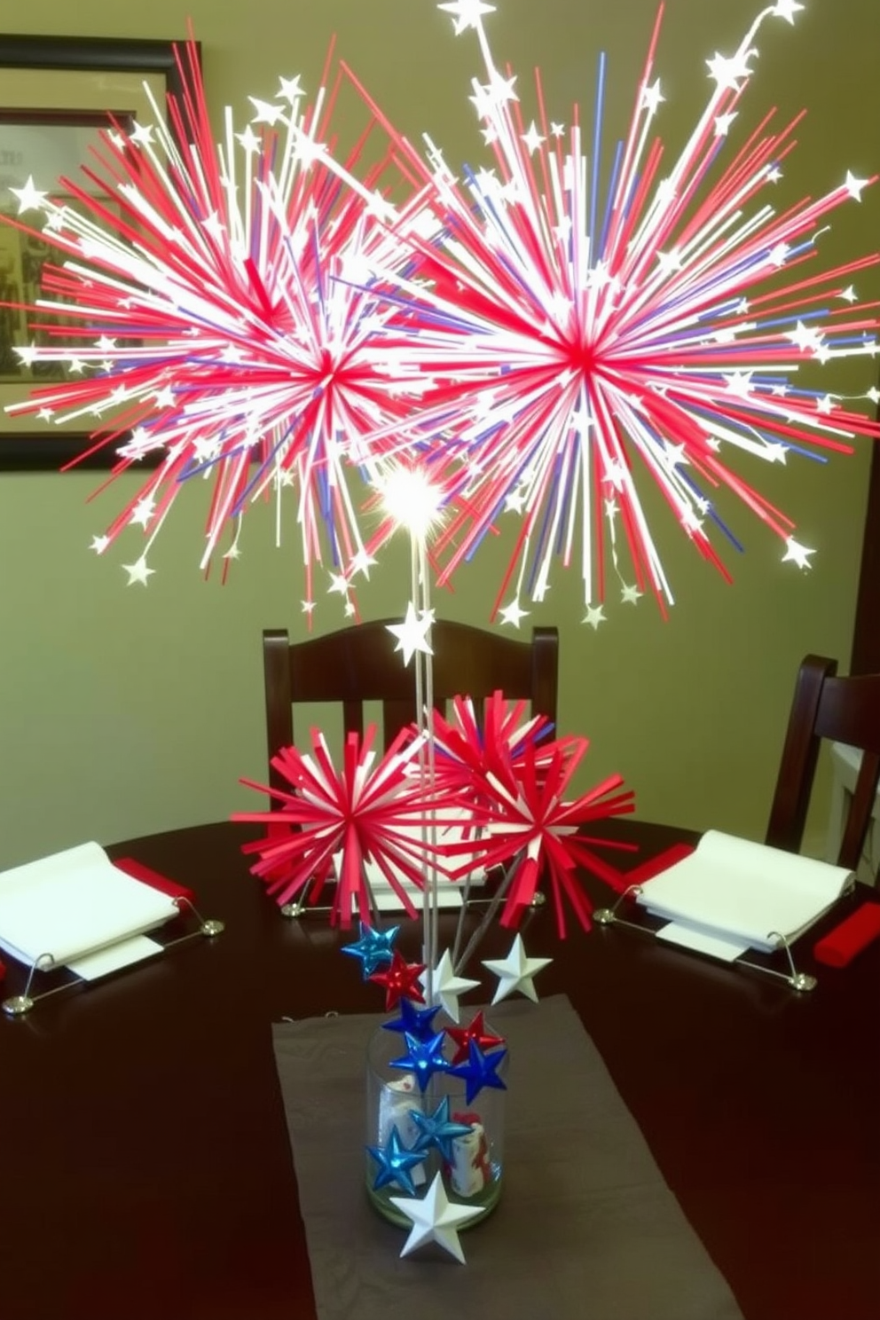 Tabletop fireworks centerpieces create a festive atmosphere for an Independence Day dining room. Each centerpiece features vibrant red, white, and blue fireworks made from paper or fabric, arranged in clusters with decorative stars and sparklers.