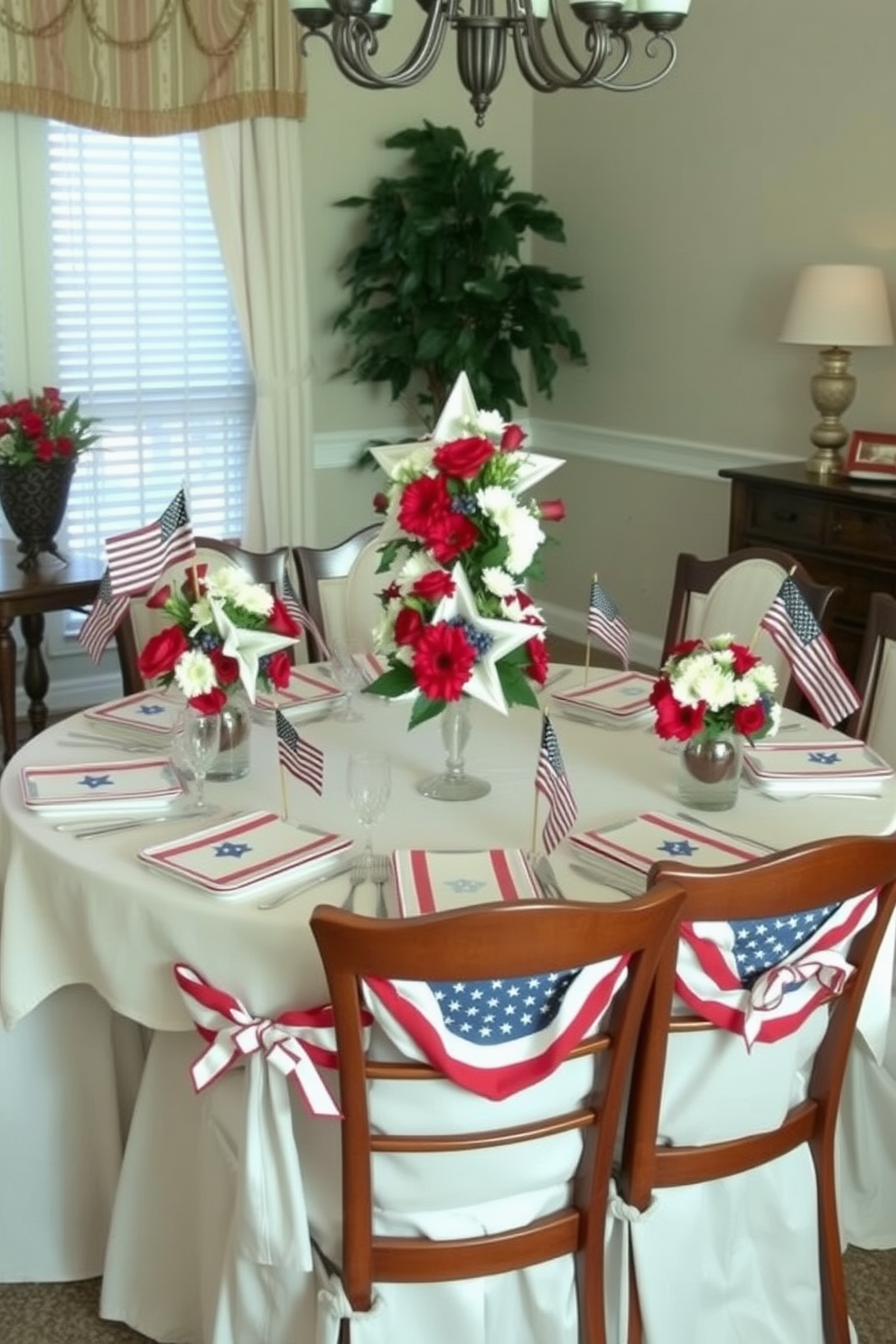 A festive dining room setting for Independence Day. The table is adorned with star shaped centerpieces filled with fresh red white and blue flowers. The chairs are draped with patriotic themed fabric and small flags are placed at each setting. Soft lighting enhances the cheerful atmosphere creating a welcoming space for celebration.