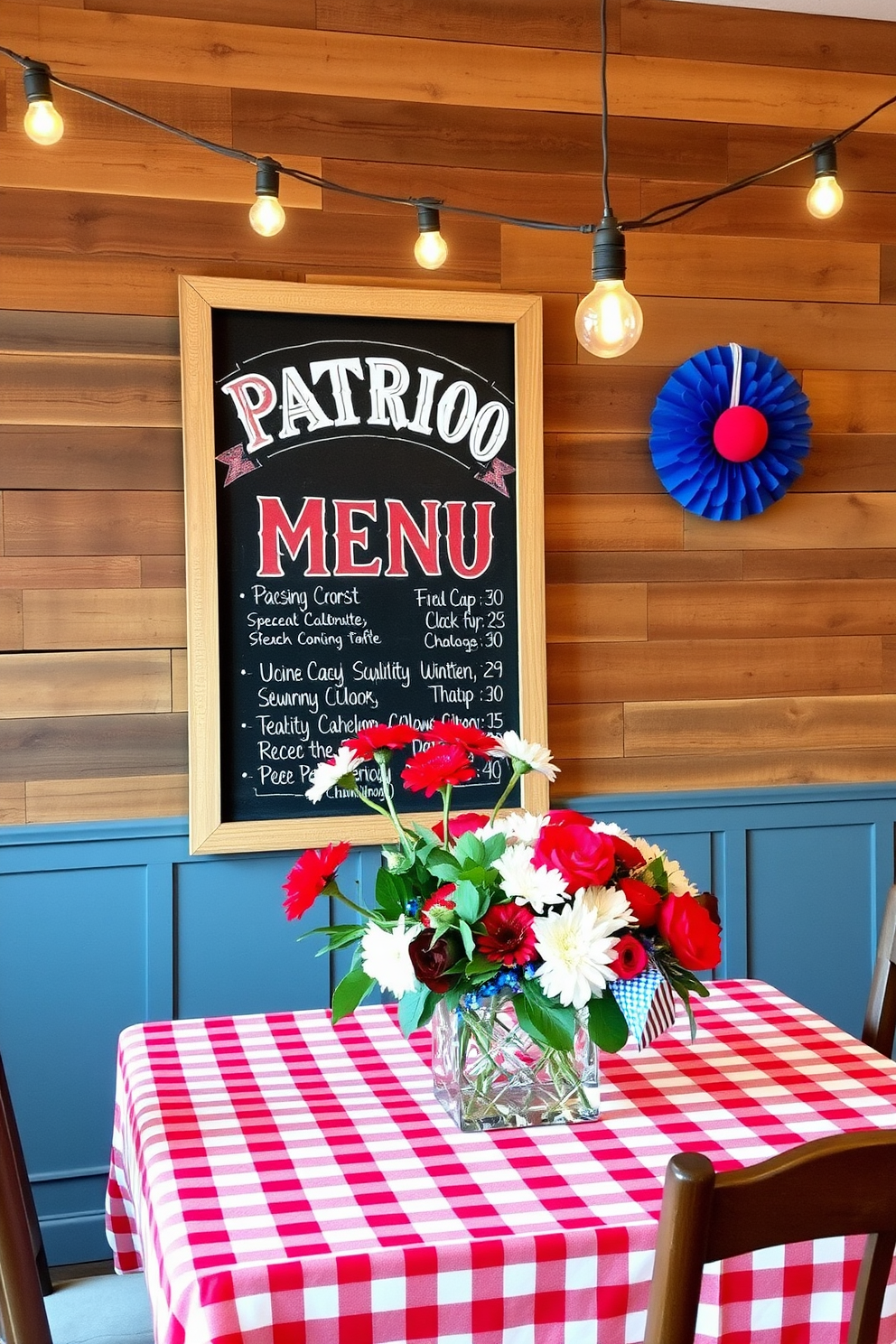 A patriotic themed chalkboard menu display is set against a rustic wooden wall in the dining room. The menu features vibrant red white and blue lettering with festive decorations surrounding it, creating an inviting atmosphere for Independence Day celebrations. The dining table is adorned with a checkered tablecloth in red and white and is topped with a centerpiece of fresh flowers in similar patriotic colors. String lights hang overhead adding a warm glow to the space enhancing the festive decor.