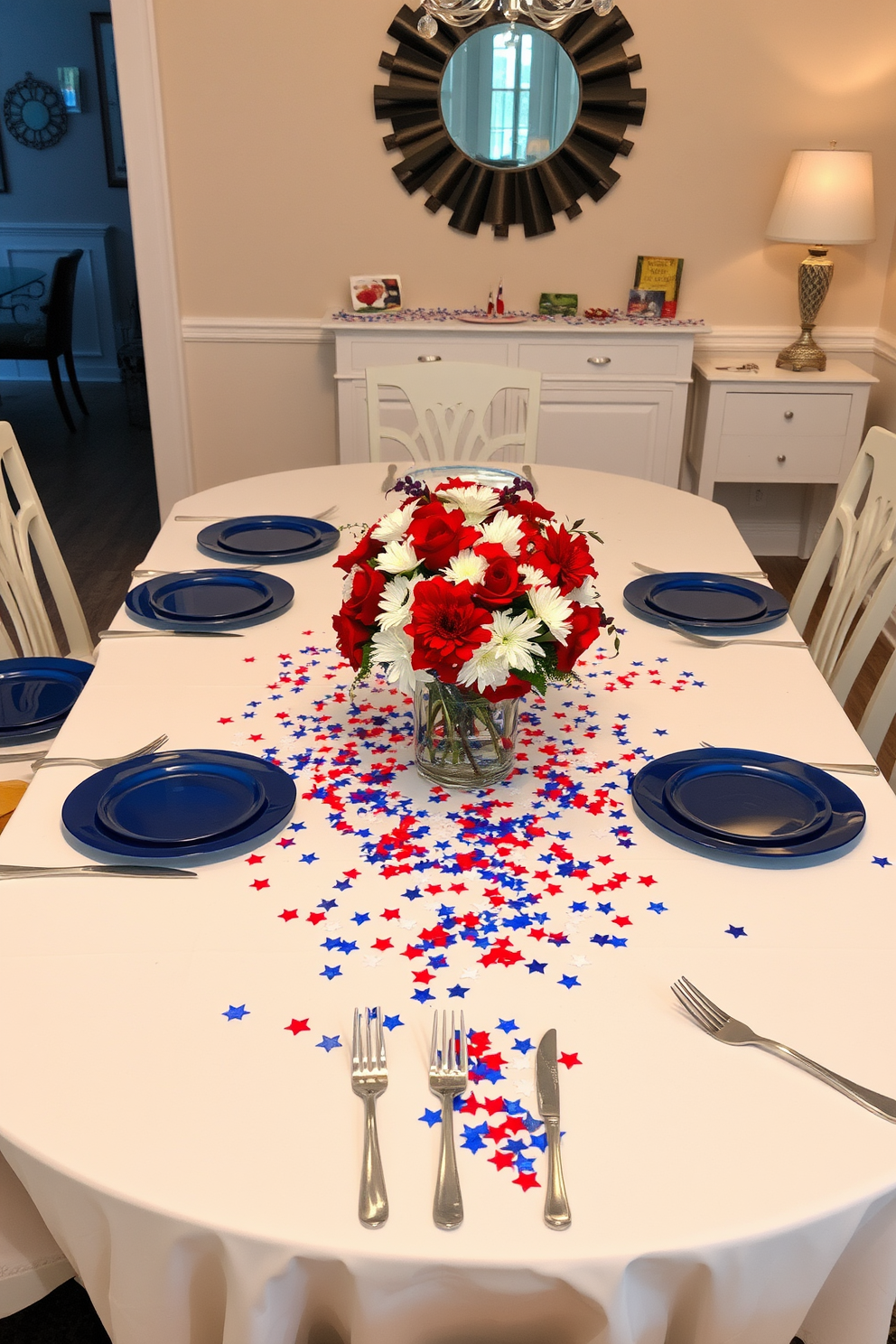 A festive dining room setting for Independence Day. The table is adorned with a crisp white tablecloth, and star confetti in red, white, and blue is sprinkled across the surface. Around the table, elegant place settings feature blue plates and silver cutlery. Centered on the table is a vibrant floral arrangement with red and white blooms in a glass vase.