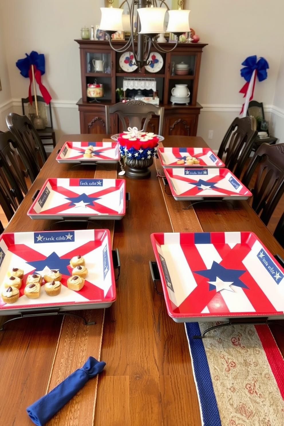 Themed serving trays for appetizers are elegantly arranged on a rustic wooden table. Each tray features a vibrant red, white, and blue color scheme with decorative stars and stripes. The dining room is adorned with festive decorations, including a patriotic table runner and matching napkins. Soft, ambient lighting enhances the celebratory atmosphere, making it perfect for a gathering with friends and family.