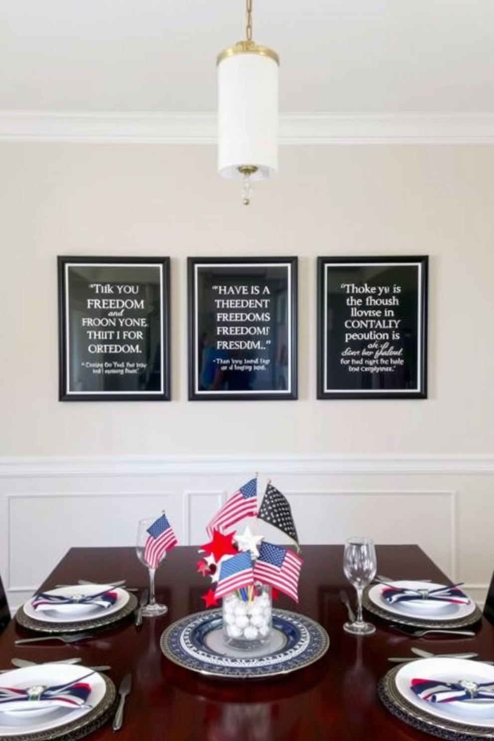 Framed quotes about freedom adorn the walls of a stylish dining room, each piece elegantly displayed in black and white frames. The table is set with patriotic-themed tableware, featuring red, white, and blue accents that celebrate Independence Day.