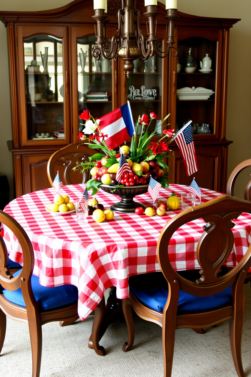 A festive dining room setting for Independence Day. The table is adorned with a vibrant centerpiece featuring seasonal fruits in red, white, and blue hues. Red and white checked tablecloths are spread across the dining table. Surrounding the table are elegant chairs with blue cushions, creating a patriotic atmosphere.