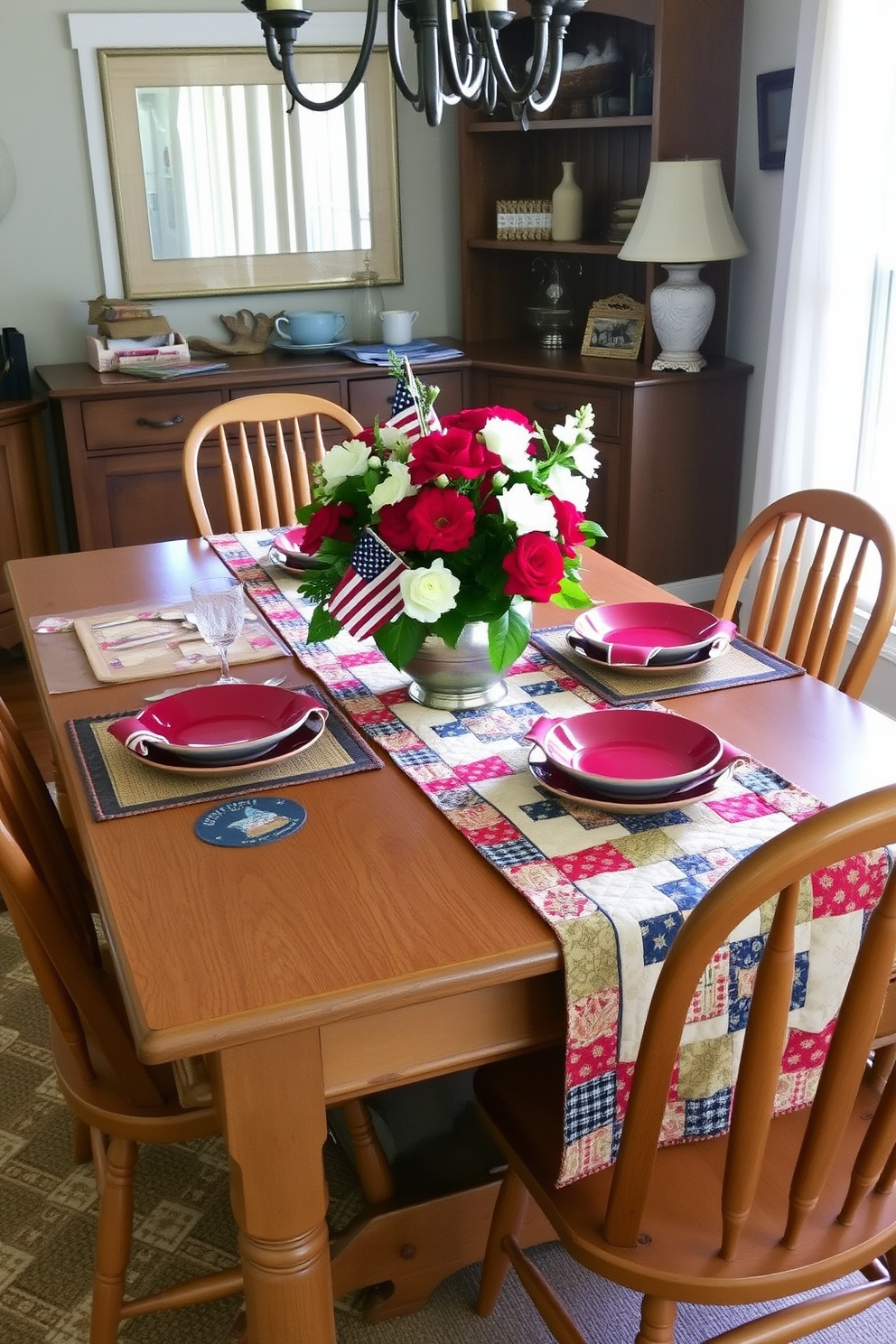 A cozy dining room setting adorned with quilted table runners that add warmth and texture to the table. The table is set with red, white, and blue dishes, complemented by rustic wooden chairs and a centerpiece of fresh flowers in patriotic colors.