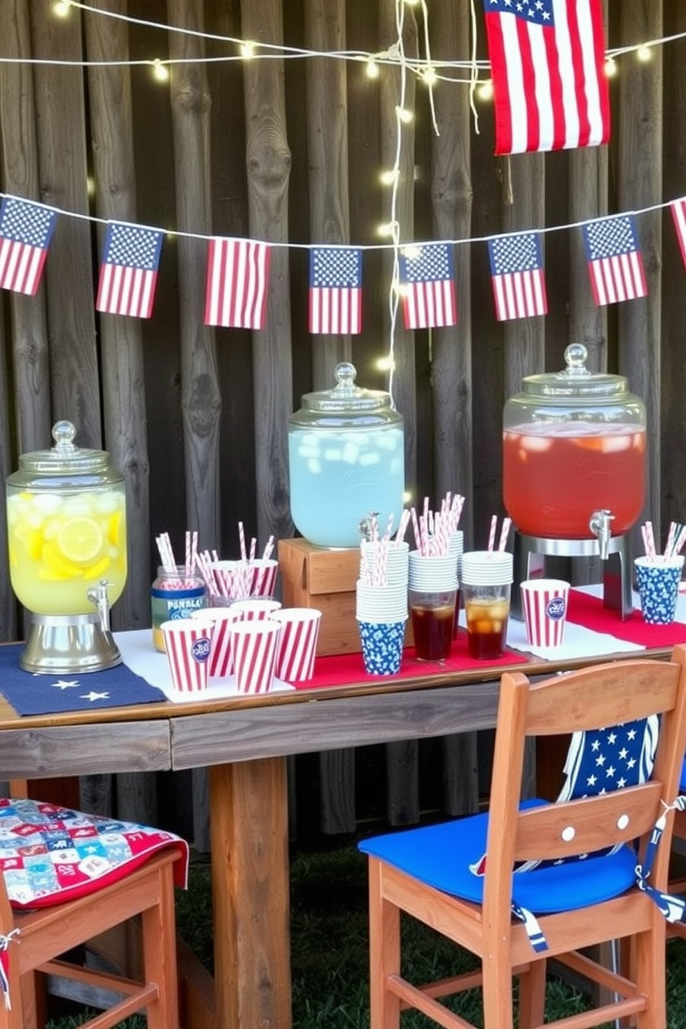 A patriotic themed drink station setup featuring a rustic wooden table adorned with red white and blue tablecloths. On the table, there are various drink dispensers filled with lemonade and iced tea alongside a selection of festive cups and straws. The backdrop is decorated with string lights and American flags creating a festive atmosphere. Surrounding the table, there are colorful chairs with cushions that complement the patriotic theme.