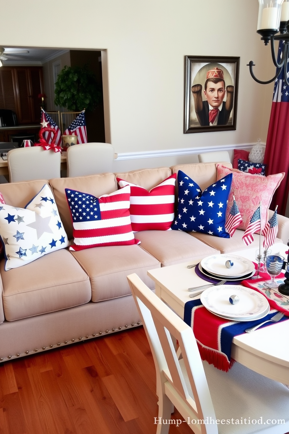 Decorative pillows adorned with American symbols such as stars and stripes are arranged on a cozy sectional sofa. The dining room features a patriotic theme with a red, white, and blue color palette, complemented by a festive table setting for Independence Day celebrations.