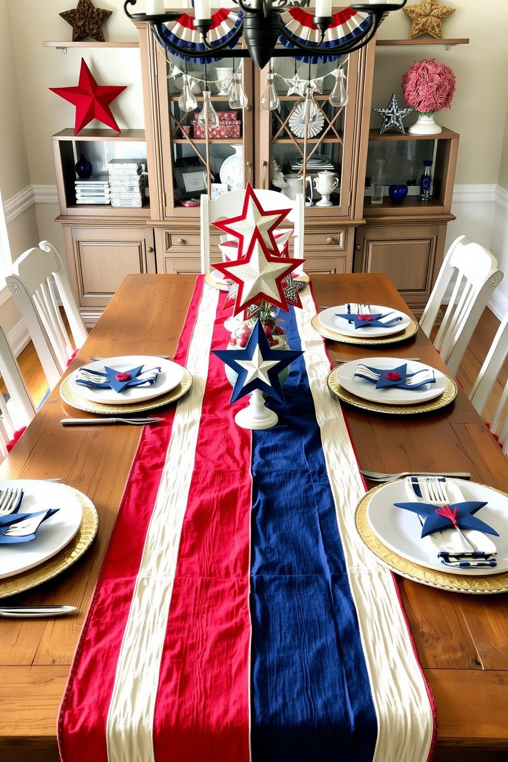 A festive dining room setting for Independence Day features vintage American flags as table runners across a rustic wooden table. The table is adorned with red white and blue decorations including star shaped centerpieces and patriotic themed dinnerware.