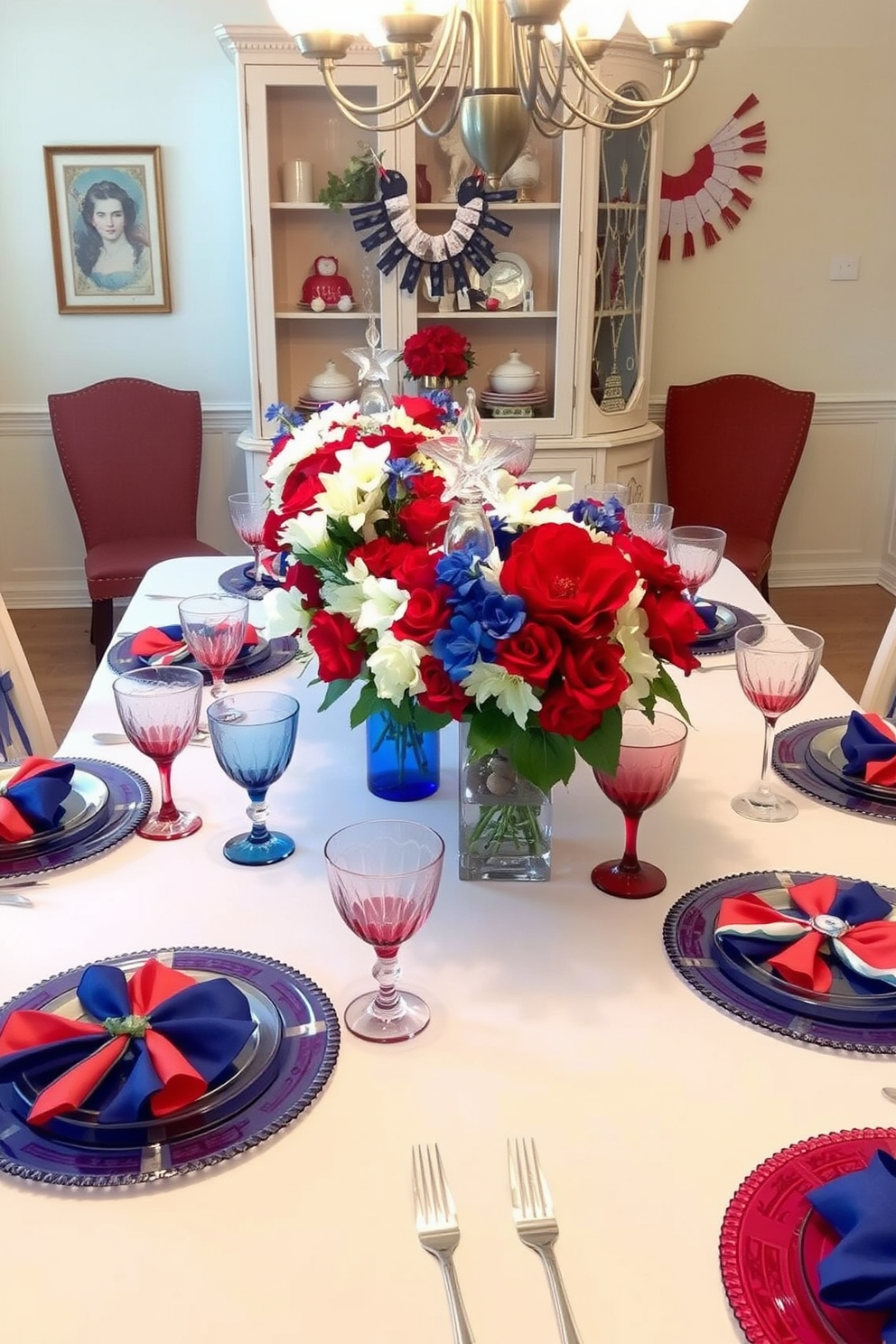 A festive dining room setting celebrating Independence Day. The table is adorned with vibrant red white and blue themed glassware, including glasses and plates, creating a patriotic atmosphere. Brightly colored centerpieces featuring fresh flowers in red white and blue hues are placed on the table. The tablecloth is a crisp white, and decorative napkins in alternating colors add to the festive decor.