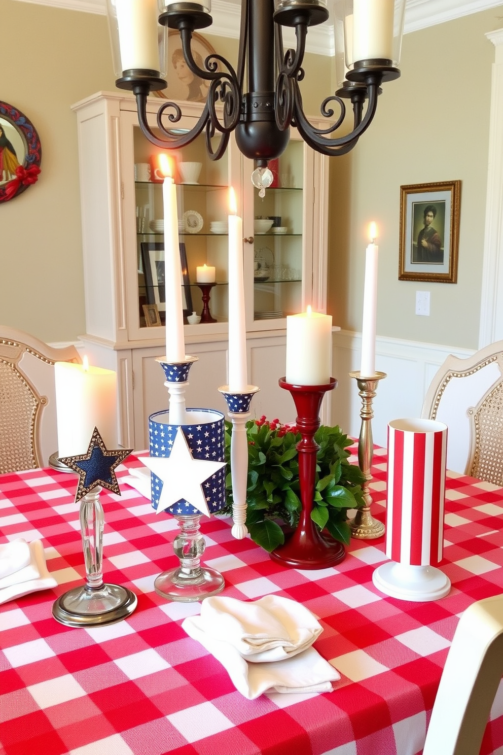 Candle holders in star and stripe designs create a festive atmosphere for an Independence Day dining room. The table is elegantly set with a red and white checkered tablecloth, and the candle holders are placed at varying heights for visual interest.