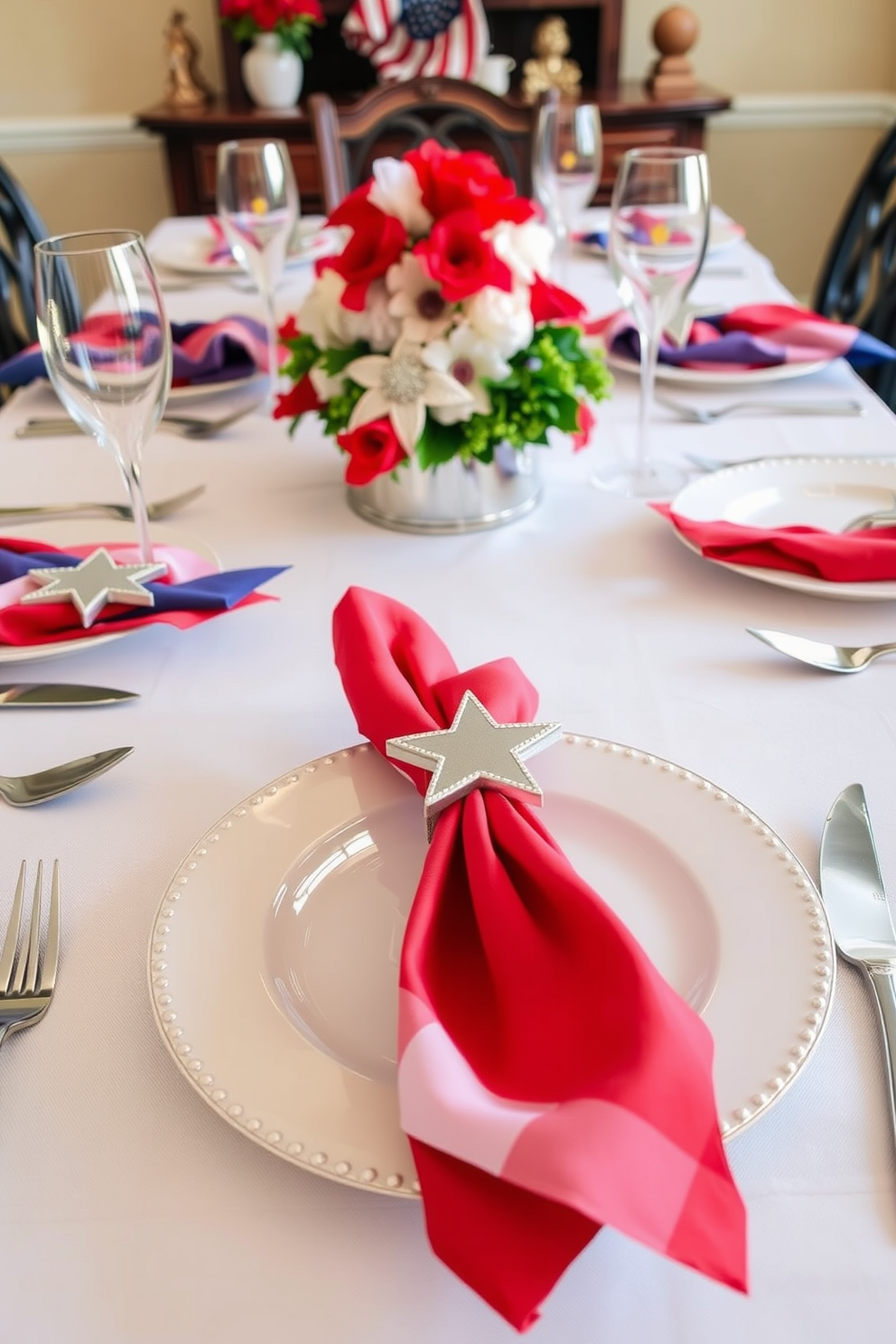 Patriotic colored napkins are elegantly arranged on a beautifully set dining table. Each napkin is adorned with a star-shaped ring, adding a festive touch to the Independence Day celebration.