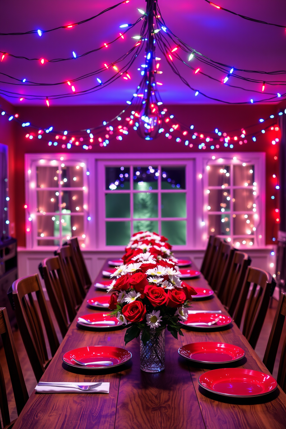 A festive dining room setting adorned with string lights in vibrant red, white, and blue colors. The lights are draped elegantly across the ceiling, creating a warm and inviting atmosphere for Independence Day celebrations. A long wooden dining table is set with patriotic-themed tableware, including red and blue plates and white napkins. Centered on the table is a beautiful floral arrangement featuring red roses and white daisies, enhancing the festive decor.