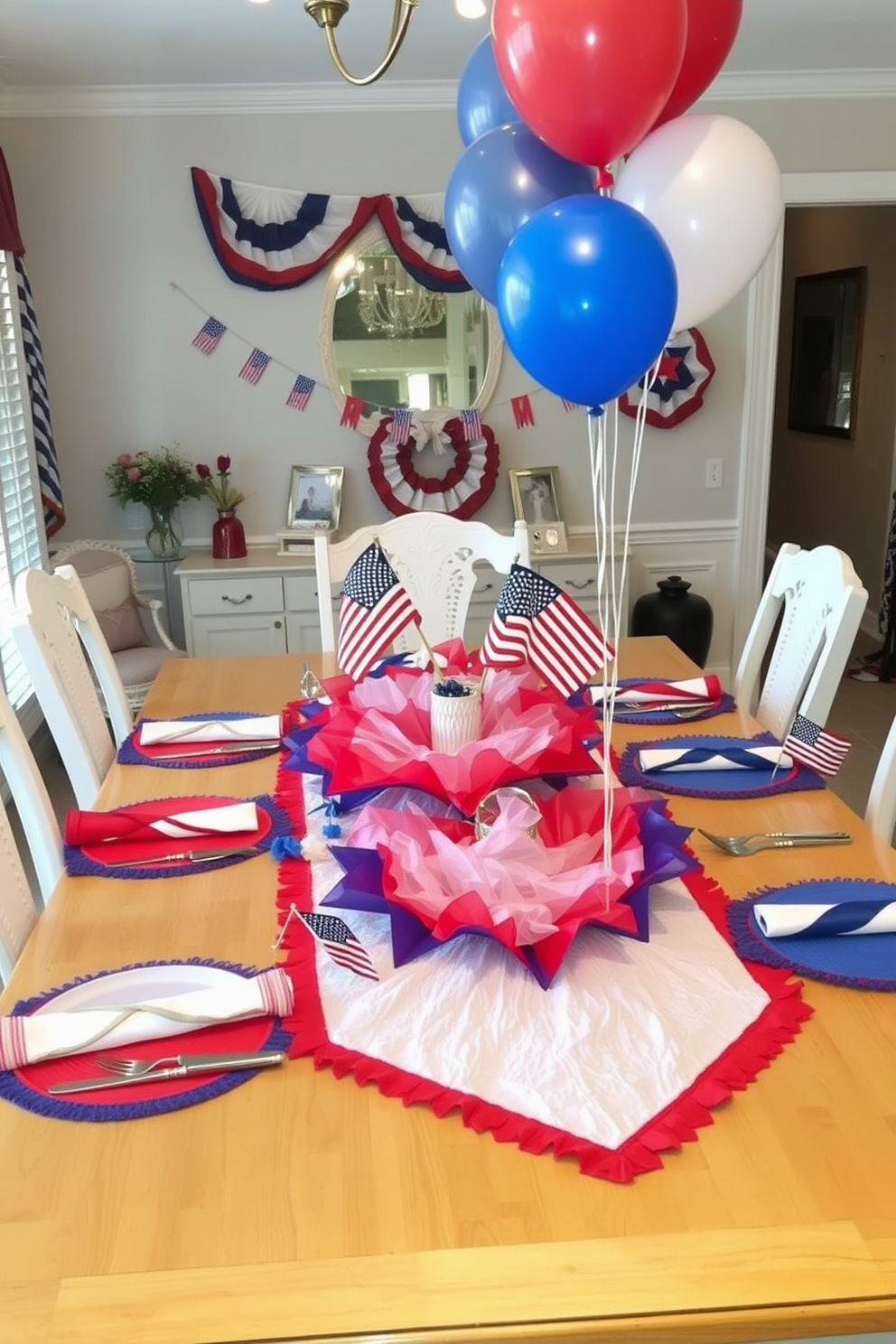 A festive dining room setting for Independence Day. The table is adorned with layered table runners in red, white, and blue, creating a vibrant and textured centerpiece. Patriotic accents are placed throughout the room, including star-shaped napkin holders and small American flags. The walls are decorated with bunting and balloons, enhancing the celebratory atmosphere.