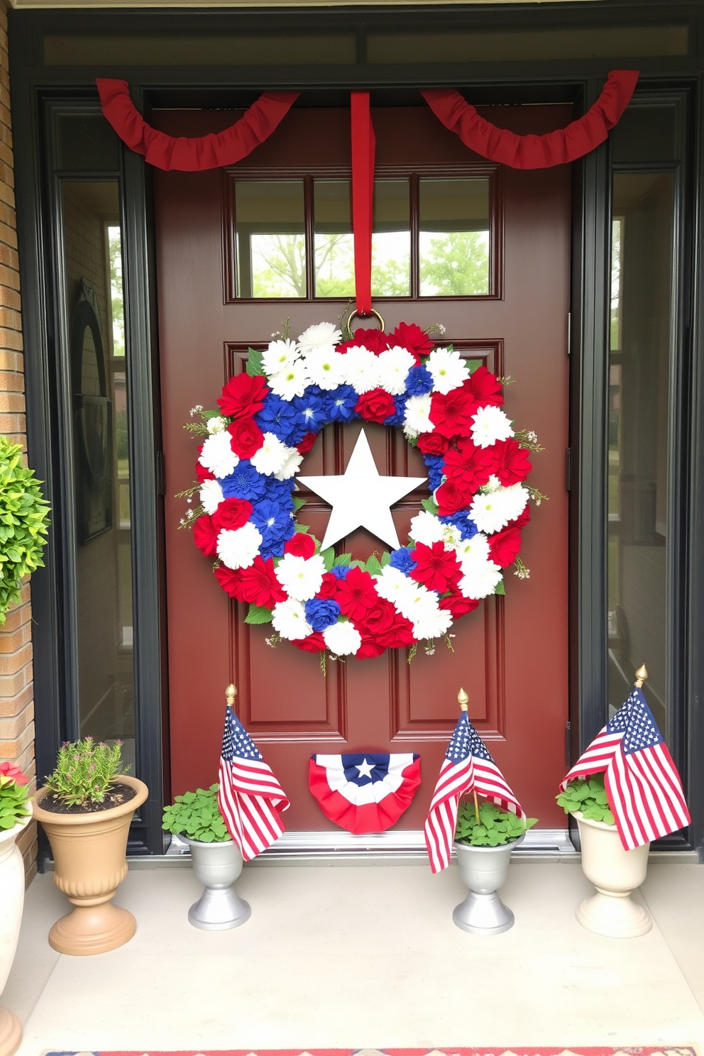 A patriotic wreath adorned with red white and blue flowers hangs proudly on the front door. The entryway is decorated with festive bunting and small American flags placed in decorative pots.