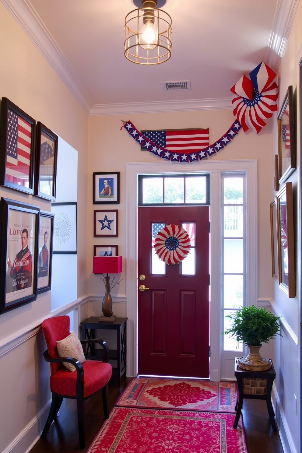 A vibrant entryway adorned with patriotic themed wall art celebrating Independence Day. The walls feature a collection of framed artwork showcasing the American flag, fireworks, and historical symbols, creating a festive atmosphere.