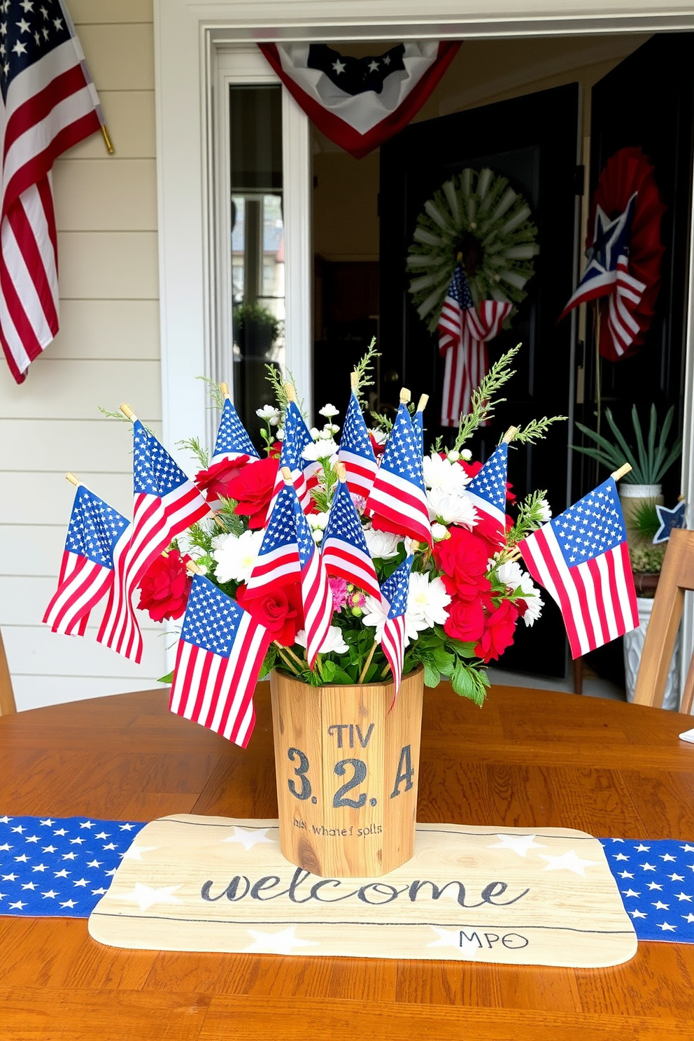 A festive table centerpiece featuring a collection of mini flags representing the colors of the American flag. Surrounding the flags are fresh flowers in red white and blue hues arranged in a rustic wooden vase. The entryway is adorned with patriotic decorations that evoke the spirit of Independence Day. A welcoming mat with stars and stripes complements the decor creating a warm and inviting atmosphere.