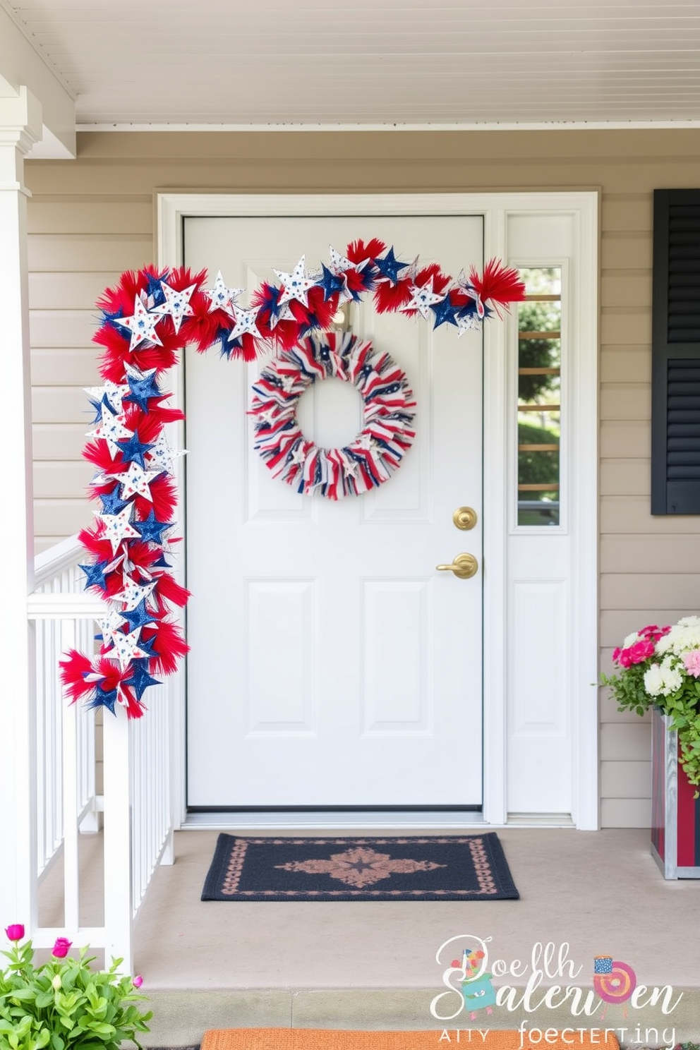 A festive entryway adorned with a red white and blue garland draped elegantly along the railing. The garland features vibrant stars and stripes, creating a patriotic atmosphere perfect for celebrating Independence Day.