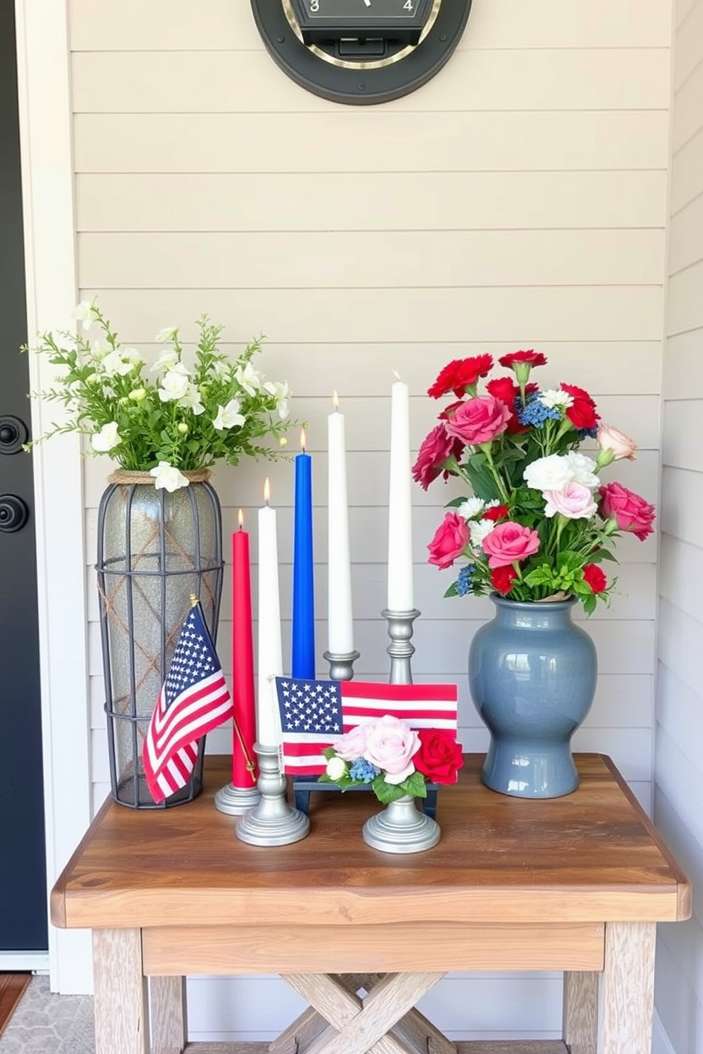 Create a welcoming entryway that celebrates Independence Day with seasonal candles in red white and blue. Arrange the candles on a rustic wooden table adorned with a small American flag and fresh flowers in a matching color scheme.