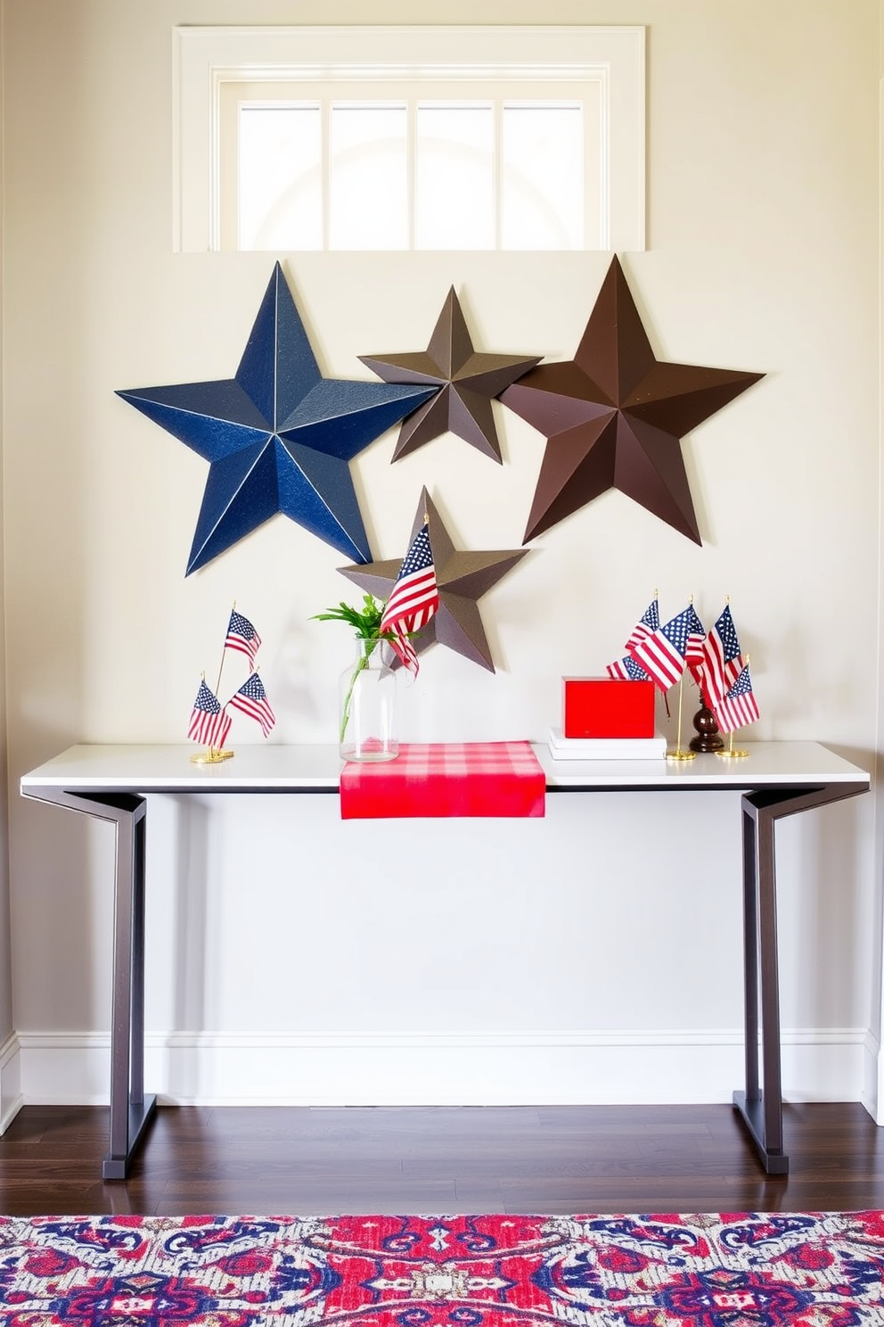 A stylish entryway features a sleek table adorned with star-shaped decor celebrating Independence Day. The table is topped with a vibrant red runner, and a collection of small flags and patriotic-themed accents create a festive atmosphere.