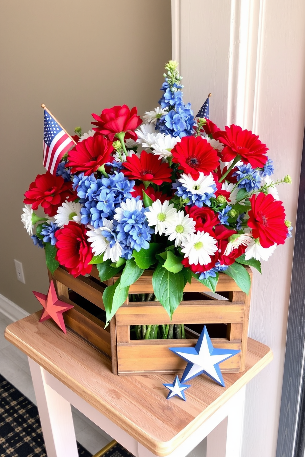 A rustic wooden crate brimming with vibrant summer blooms creates a cheerful and inviting atmosphere. The arrangement features a mix of red, white, and blue flowers to celebrate Independence Day, adding a festive touch to the entryway. The crate is placed on a small wooden table, complemented by decorative stars and stripes accents. Soft lighting enhances the colors of the blooms, making the entryway feel warm and welcoming.