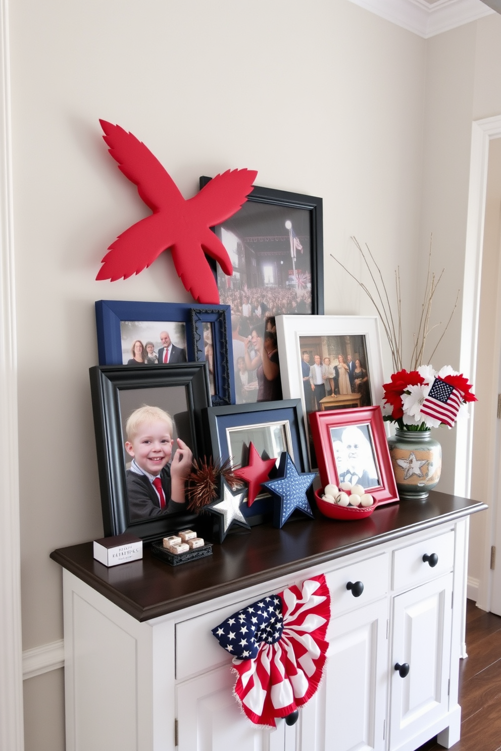 Patriotic themed photo frames are arranged artistically on a console table in the entryway. The frames feature vibrant images of past Independence Day celebrations, surrounded by red, white, and blue decorative elements.