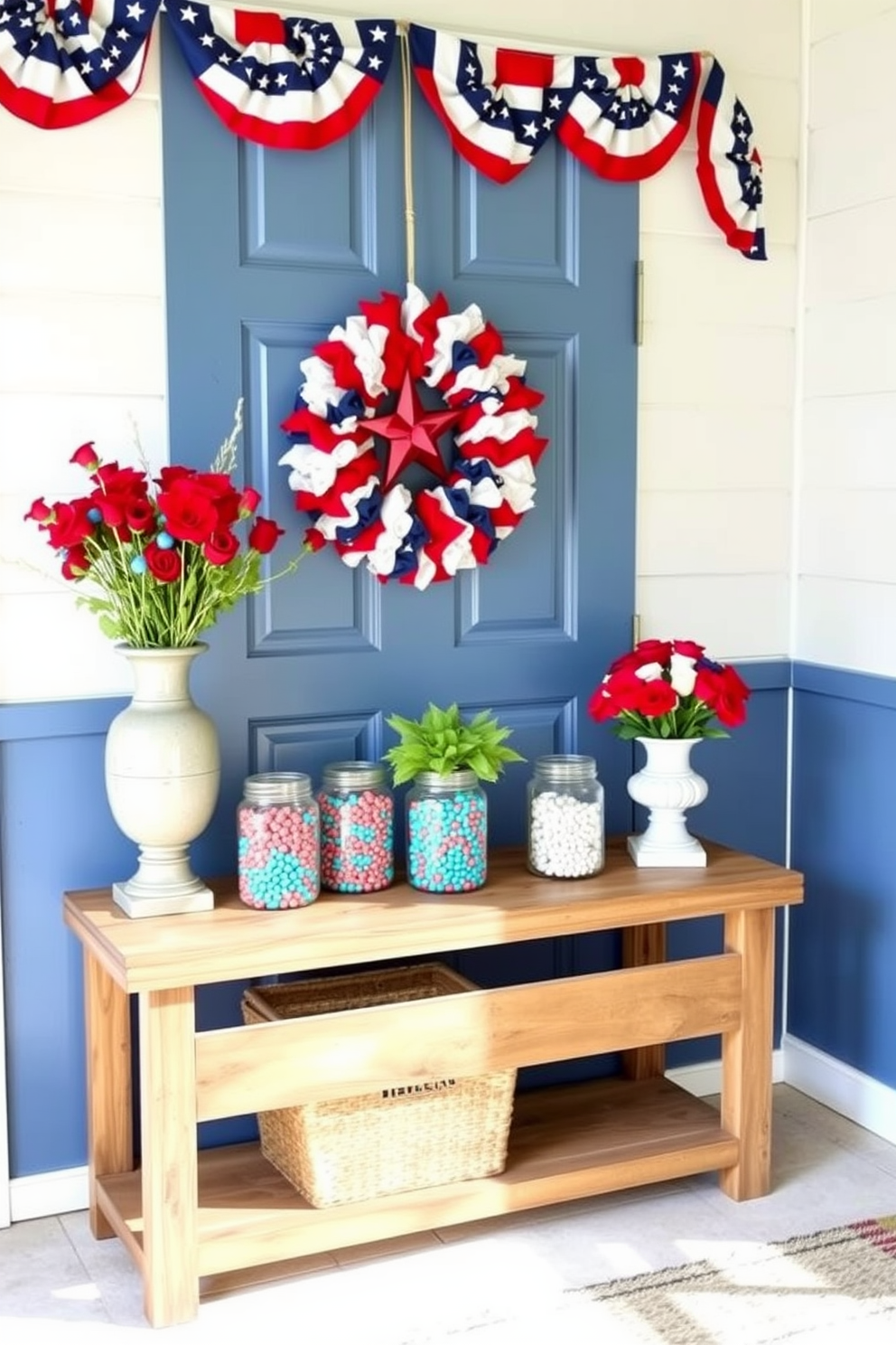 A festive entryway adorned for Independence Day features jars filled with red white and blue candy displayed prominently on a rustic wooden console table. The walls are decorated with patriotic bunting and a welcoming wreath made of red white and blue flowers hangs on the door.