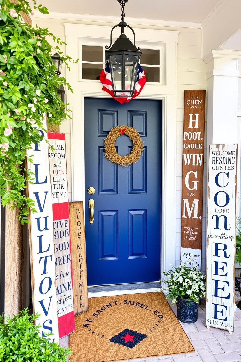 A charming entryway adorned with decorative signs featuring patriotic quotes for Independence Day. The signs are crafted from rustic wood, painted in red, white, and blue, and are strategically placed to welcome guests with a festive spirit.