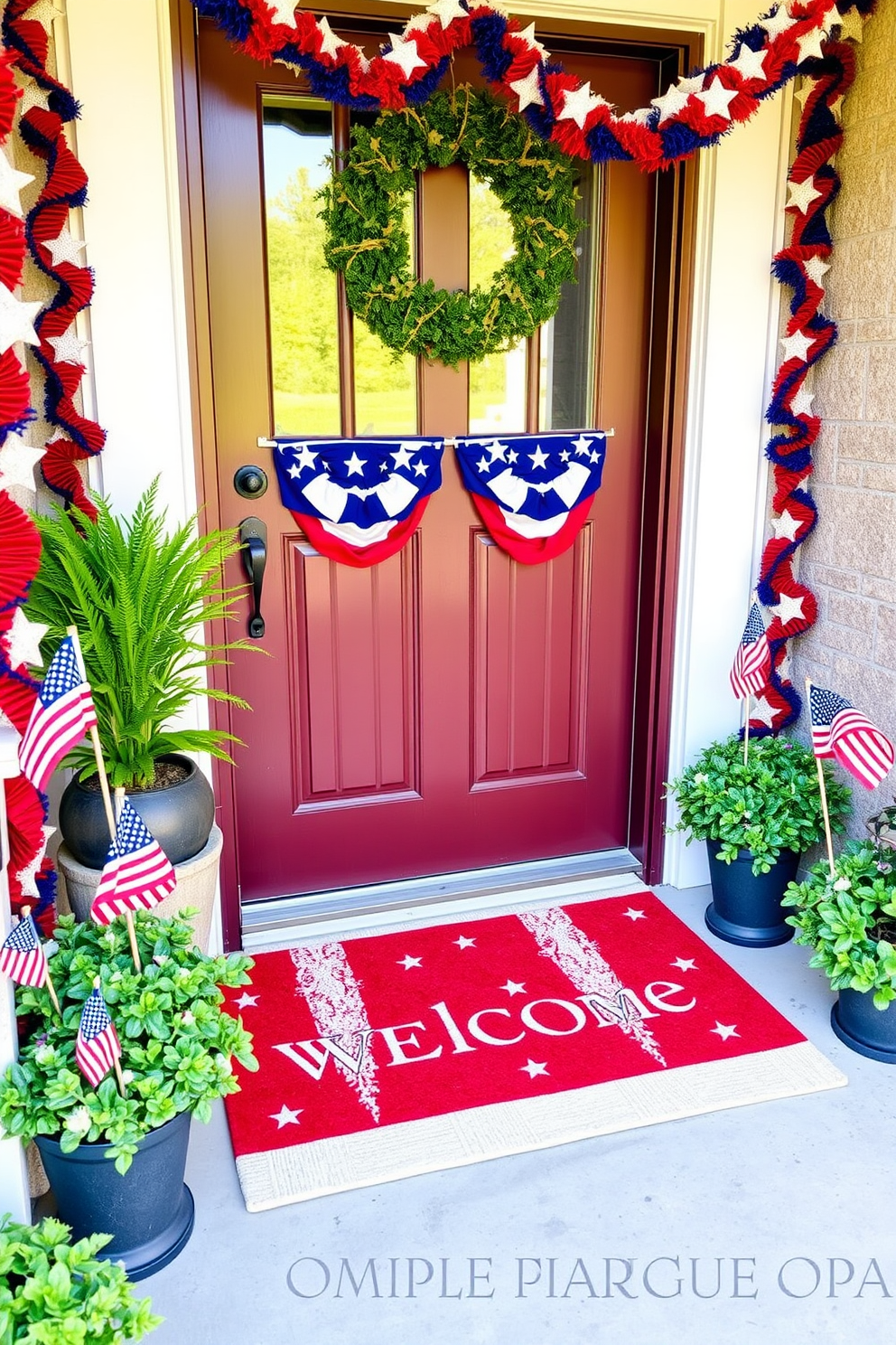 A festive entryway featuring a vibrant red white and blue welcome mat that captures the spirit of Independence Day. Surrounding the mat, the space is adorned with patriotic decorations such as star-shaped garlands and small American flags placed in potted plants.