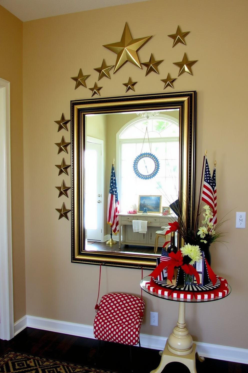 An entryway features a large mirror framed with star motifs, reflecting a sense of patriotism and celebration. The decor includes red white and blue accents such as a patterned runner and a decorative table with festive elements.