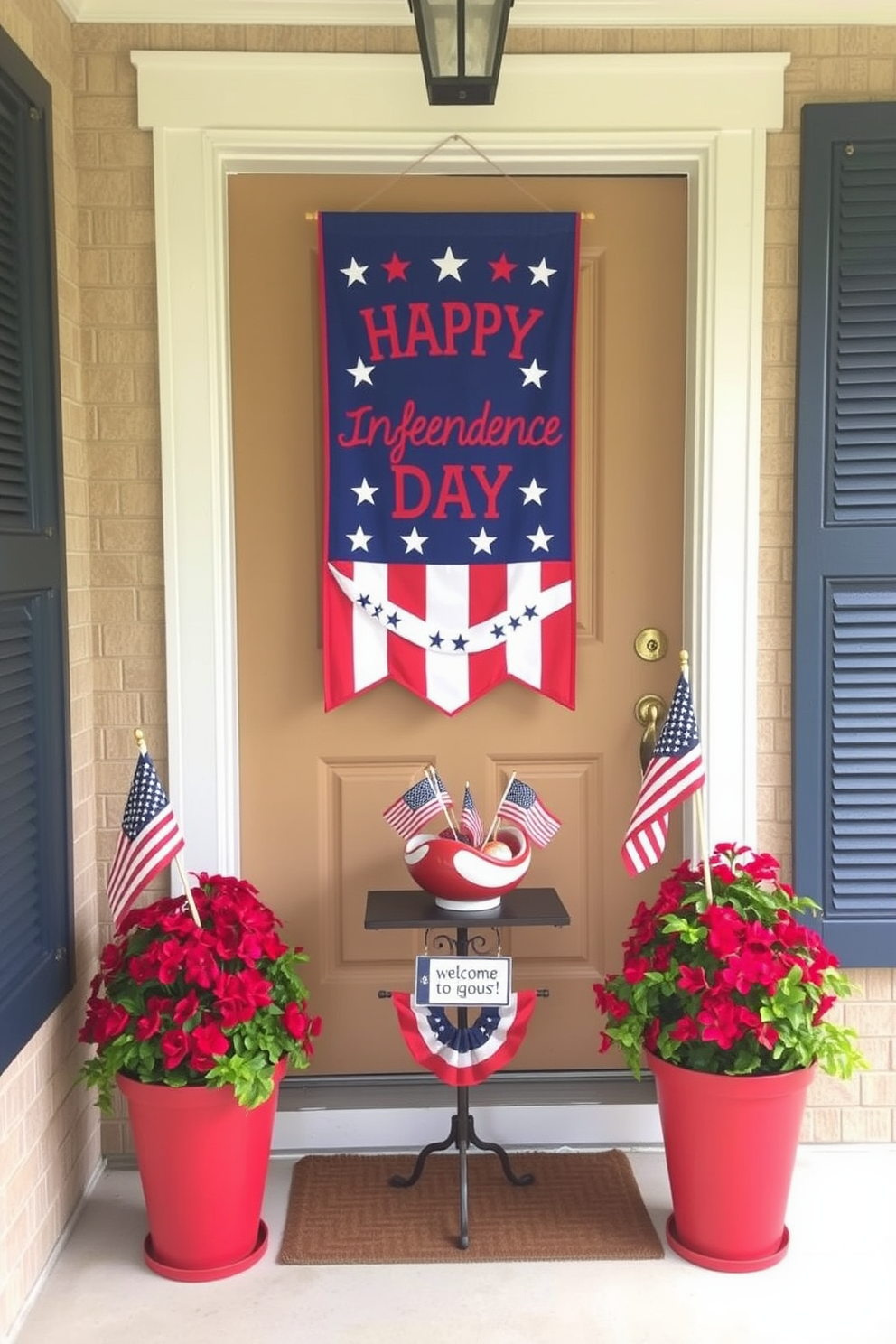 A vibrant door banner celebrating Independence Day is displayed prominently at the entryway. The banner features bold red, white, and blue colors with stars and stripes, creating a festive atmosphere for welcoming guests. Flanking the door, potted plants in patriotic colors add a touch of greenery and enhance the seasonal decor. A small table beside the entrance holds a decorative bowl filled with miniature flags and a welcome sign.