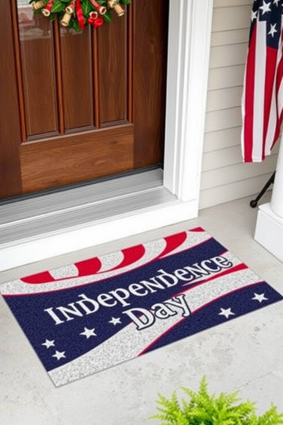 A patriotic themed doormat greets visitors at the entryway, featuring bold red, white, and blue colors. The message Independence Day is prominently displayed in a festive font, creating a warm and welcoming atmosphere for the holiday.