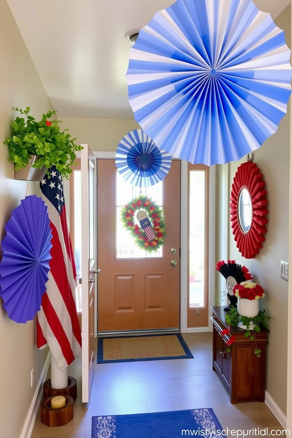 Create a festive entryway decorated for Independence Day. The space features hanging red white and blue paper fans that add a celebratory touch to the atmosphere.