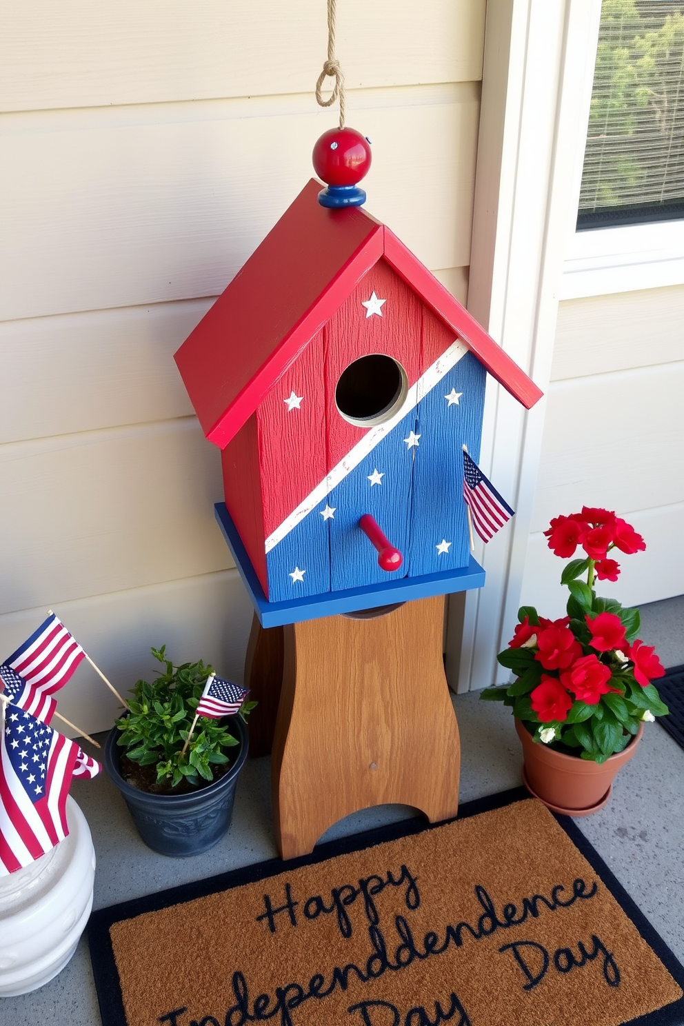 A charming decorative birdhouse painted in vibrant red white and blue colors representing the flag. It is adorned with small stars and stripes details and is placed on a rustic wooden stand in the entryway. Surrounding the birdhouse are festive decorations including miniature flags and a small potted plant with red flowers. The entryway is enhanced with a welcoming doormat that reads Happy Independence Day.