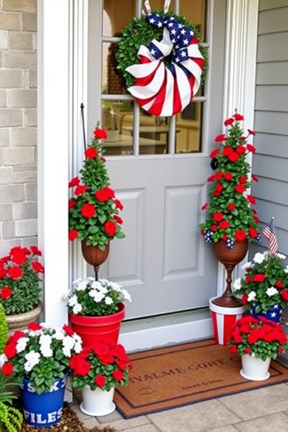 A vibrant entryway adorned with potted plants featuring red white and blue flowers celebrating Independence Day. The entrance is enhanced by a welcoming mat and patriotic-themed decorations that create a festive atmosphere.