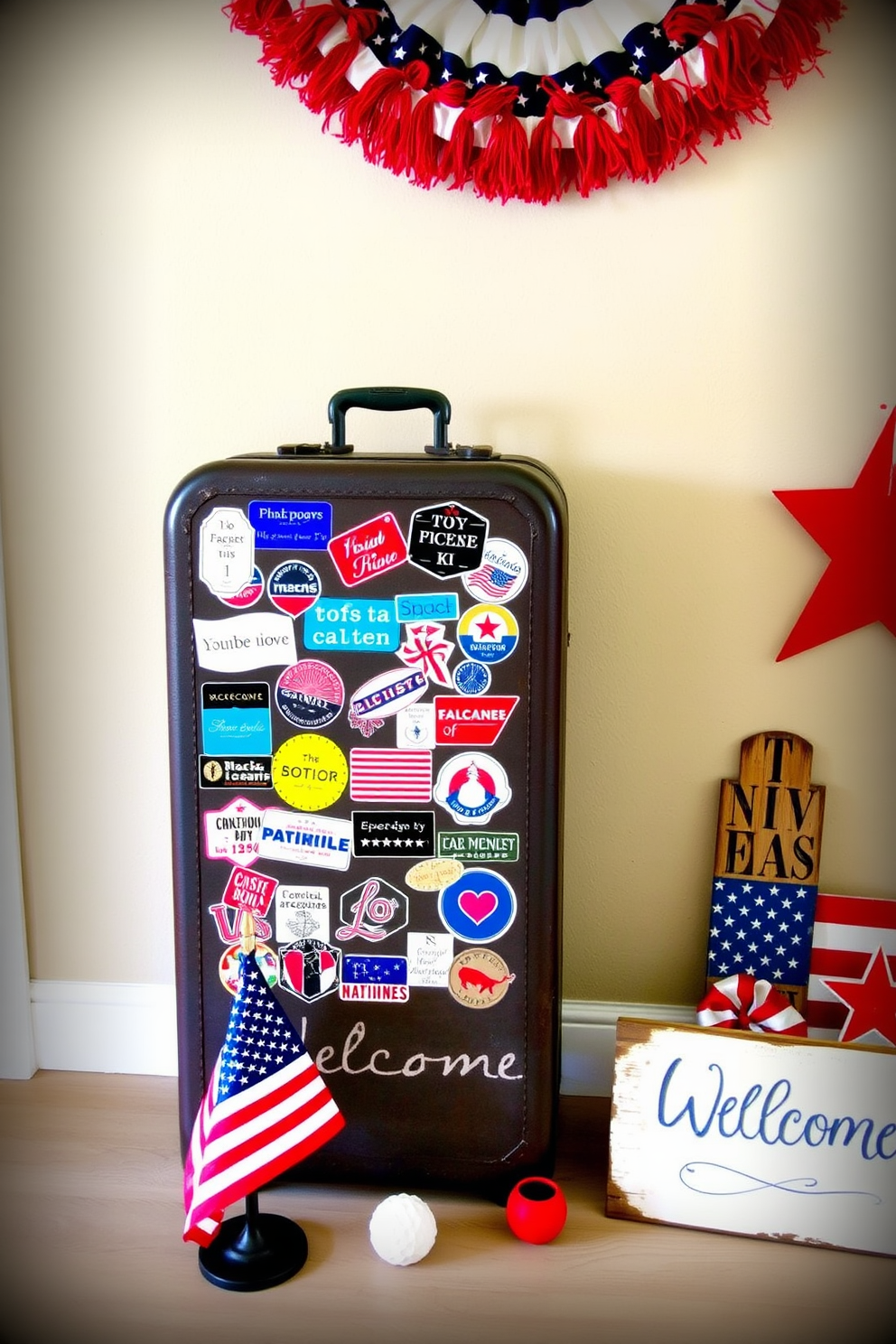 A vintage suitcase adorned with colorful patriotic stickers is placed against the wall, adding a touch of nostalgia to the entryway. Surrounding the suitcase are red, white, and blue decorative accents, including a small American flag and a rustic wooden sign that welcomes guests.