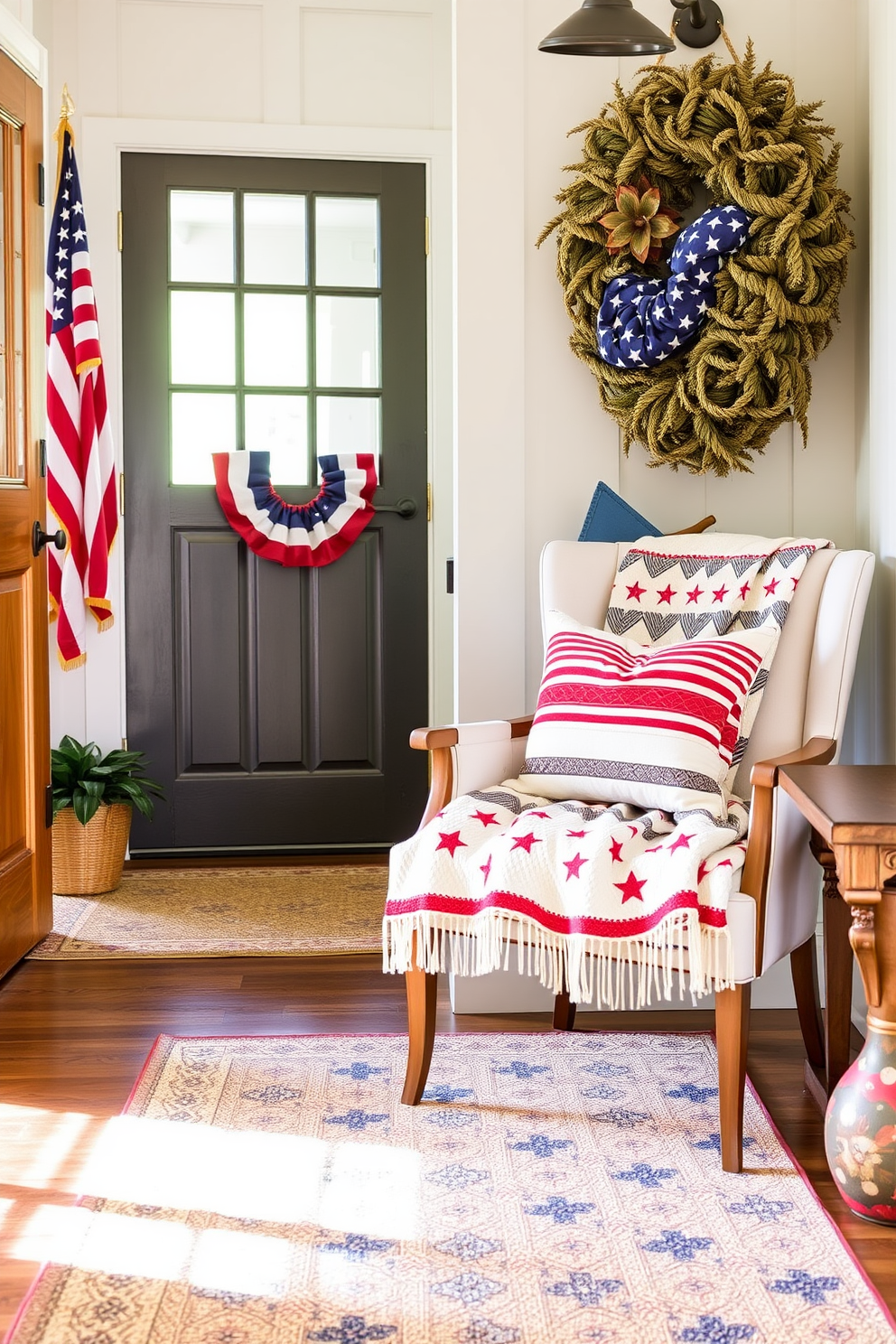 A cozy entryway adorned for Independence Day features a stylish chair with a seasonal throw blanket draped over it. The blanket showcases red, white, and blue patterns, adding a festive touch to the space while complementing the warm wood tones of the chair.