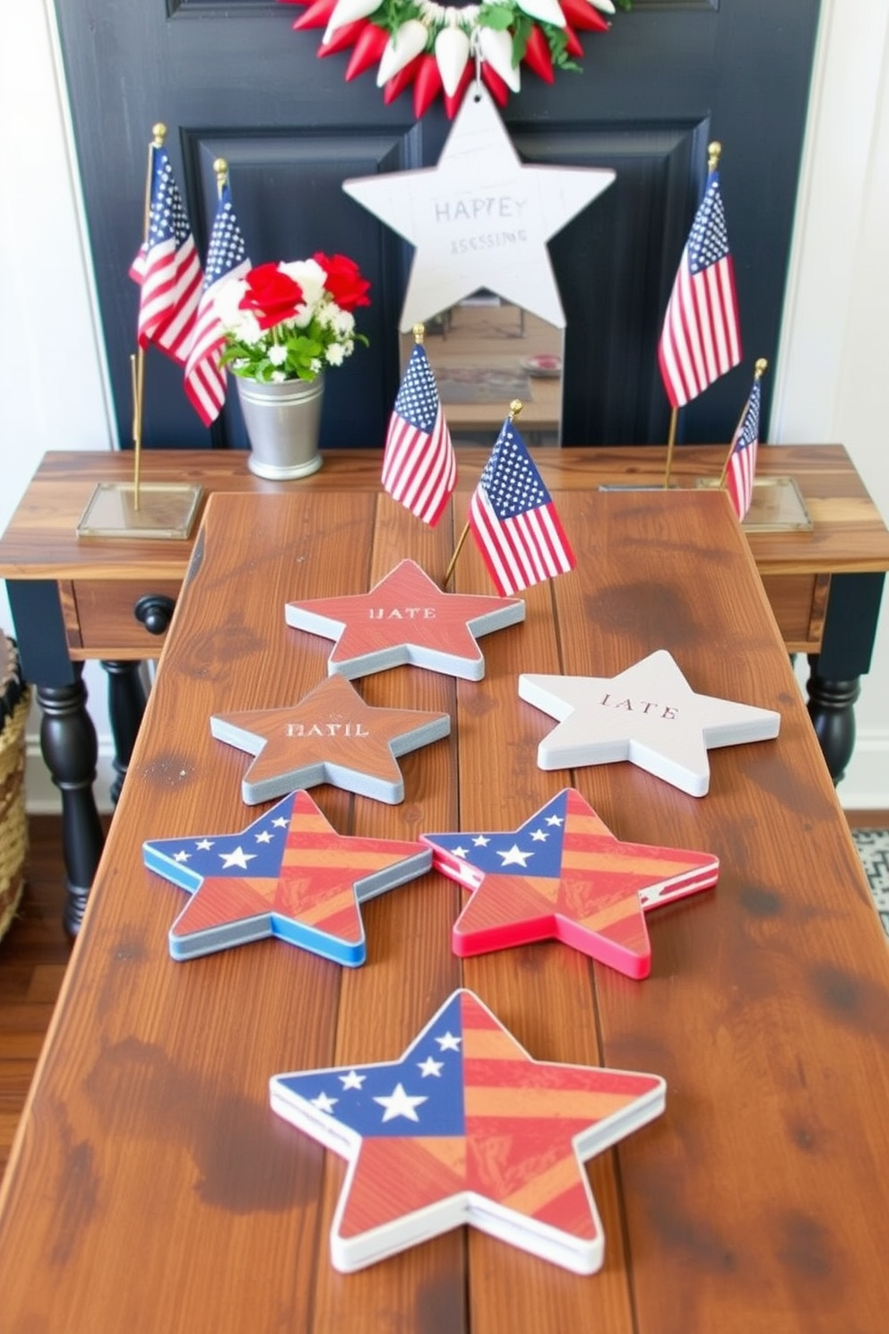 Star shaped coasters are arranged neatly on a rustic wooden entryway table. The table is adorned with small American flags and red white and blue decorations to celebrate Independence Day.