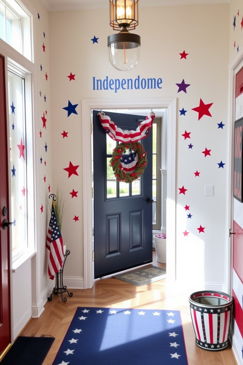 A vibrant entryway adorned with patriotic themed wall decals celebrating Independence Day. The walls are decorated with stars and stripes in red, white, and blue, creating a festive atmosphere for welcoming guests.