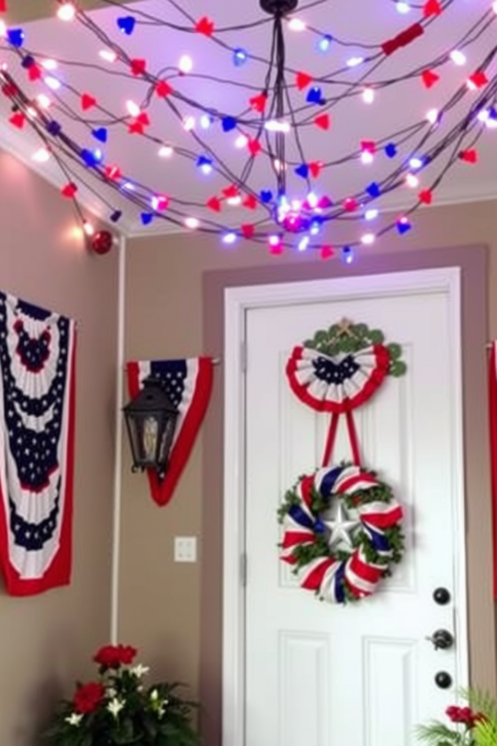 A festive entryway adorned with red white and blue string lights overhead creates a cheerful atmosphere for Independence Day celebrations. The walls are decorated with patriotic banners and a welcoming wreath featuring stars and stripes hangs on the door.