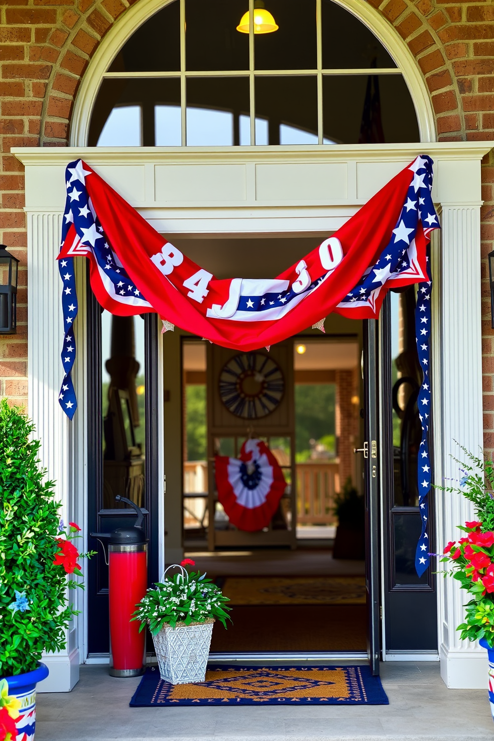 A festive entryway adorned with stars and stripes bunting creates a vibrant atmosphere for Independence Day celebrations. The bunting is draped elegantly across the doorway, complemented by red, white, and blue decor elements that evoke a sense of patriotism.