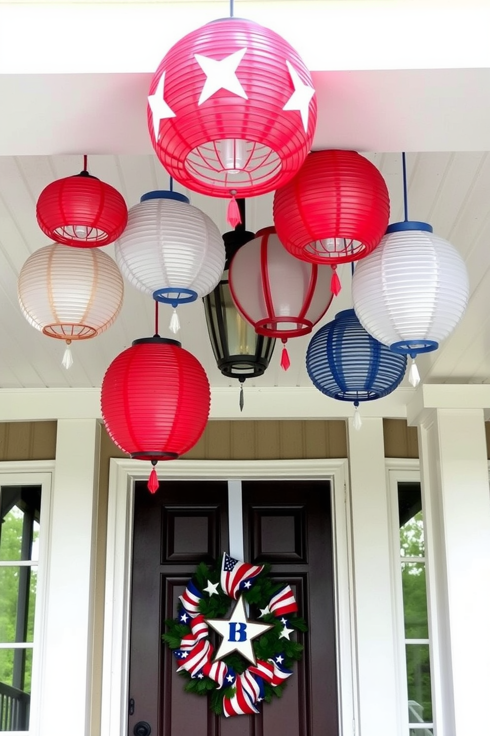 Decorative lanterns in red white and blue hang from the ceiling creating a festive atmosphere. The entryway is adorned with a welcoming wreath featuring stars and stripes on the front door.