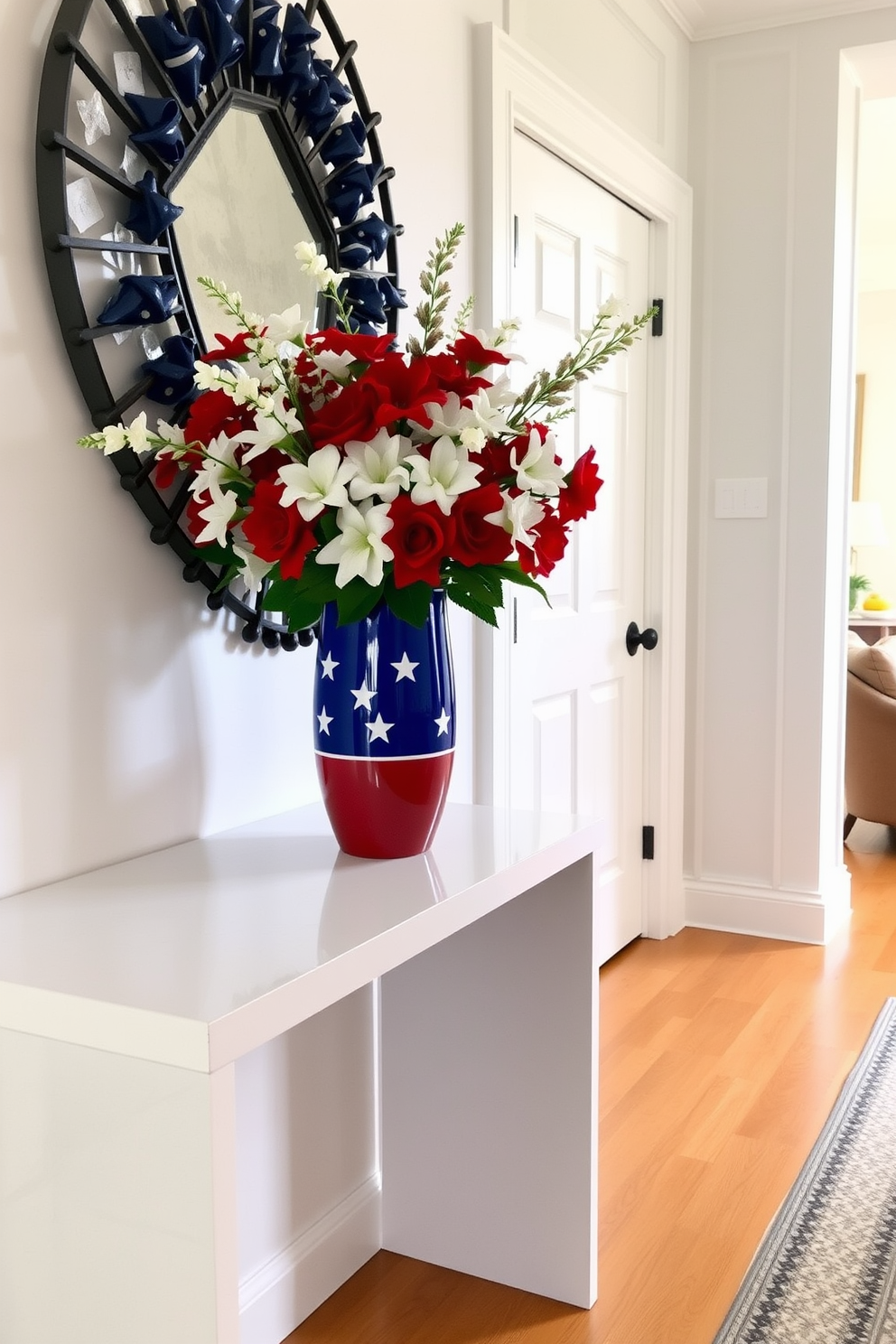 A vibrant entryway adorned with a red white and blue vase filled with faux flowers. The vase sits on a sleek console table, complementing the patriotic theme with a backdrop of soft white walls and a warm wooden floor.