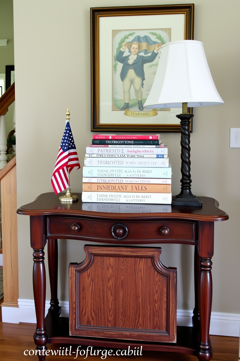 Antique patriotic books are stacked decoratively on a vintage wooden console table, creating a warm and inviting entryway. A small American flag is placed beside the books, adding a festive touch for Independence Day celebrations.