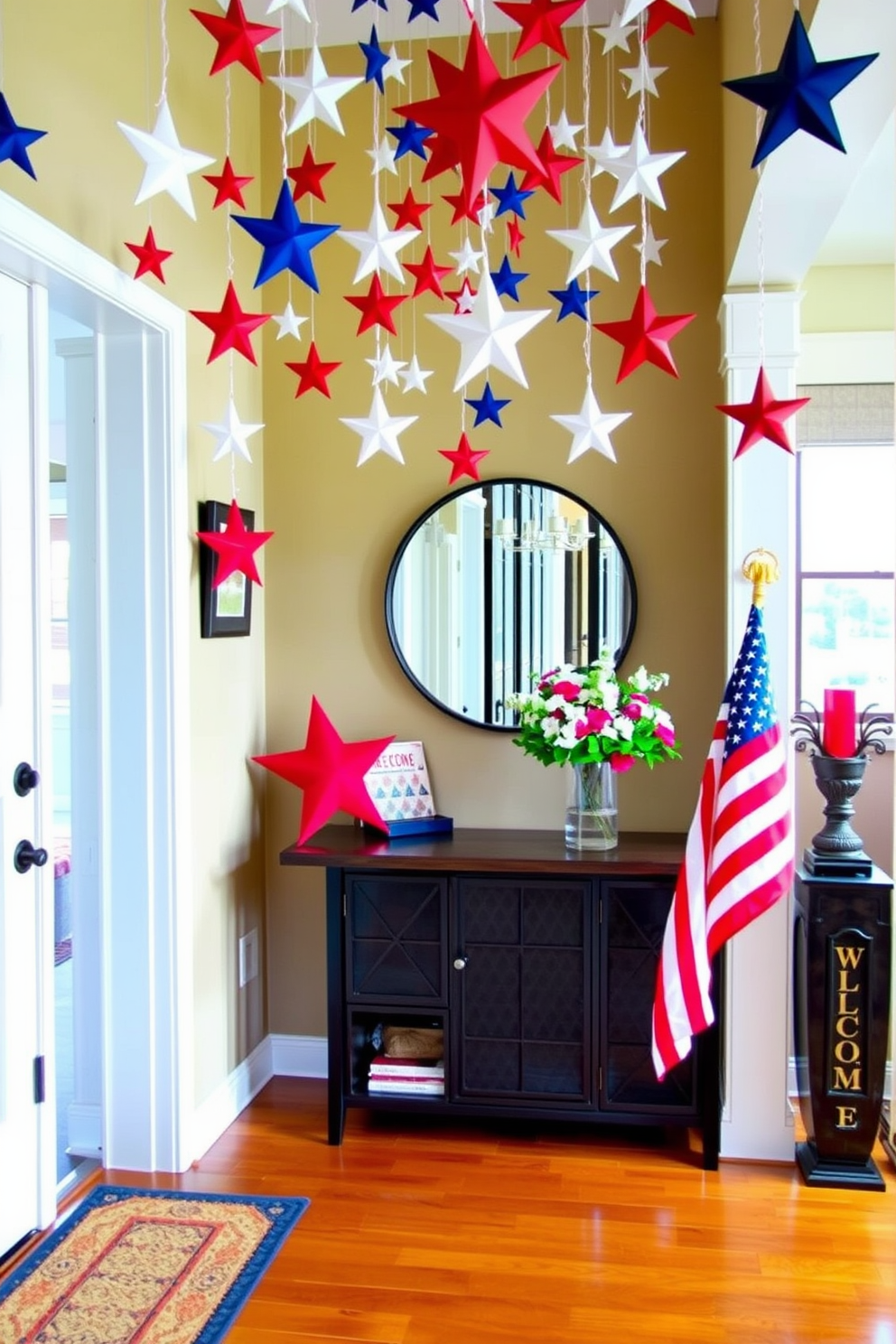 A festive entryway adorned with hanging star ornaments from the ceiling creates a vibrant atmosphere for Independence Day celebrations. The stars are in red white and blue colors adding a patriotic touch to the space. A welcoming console table is placed against the wall decorated with a bouquet of fresh flowers in a clear vase. A small American flag is positioned beside the vase to enhance the holiday spirit.