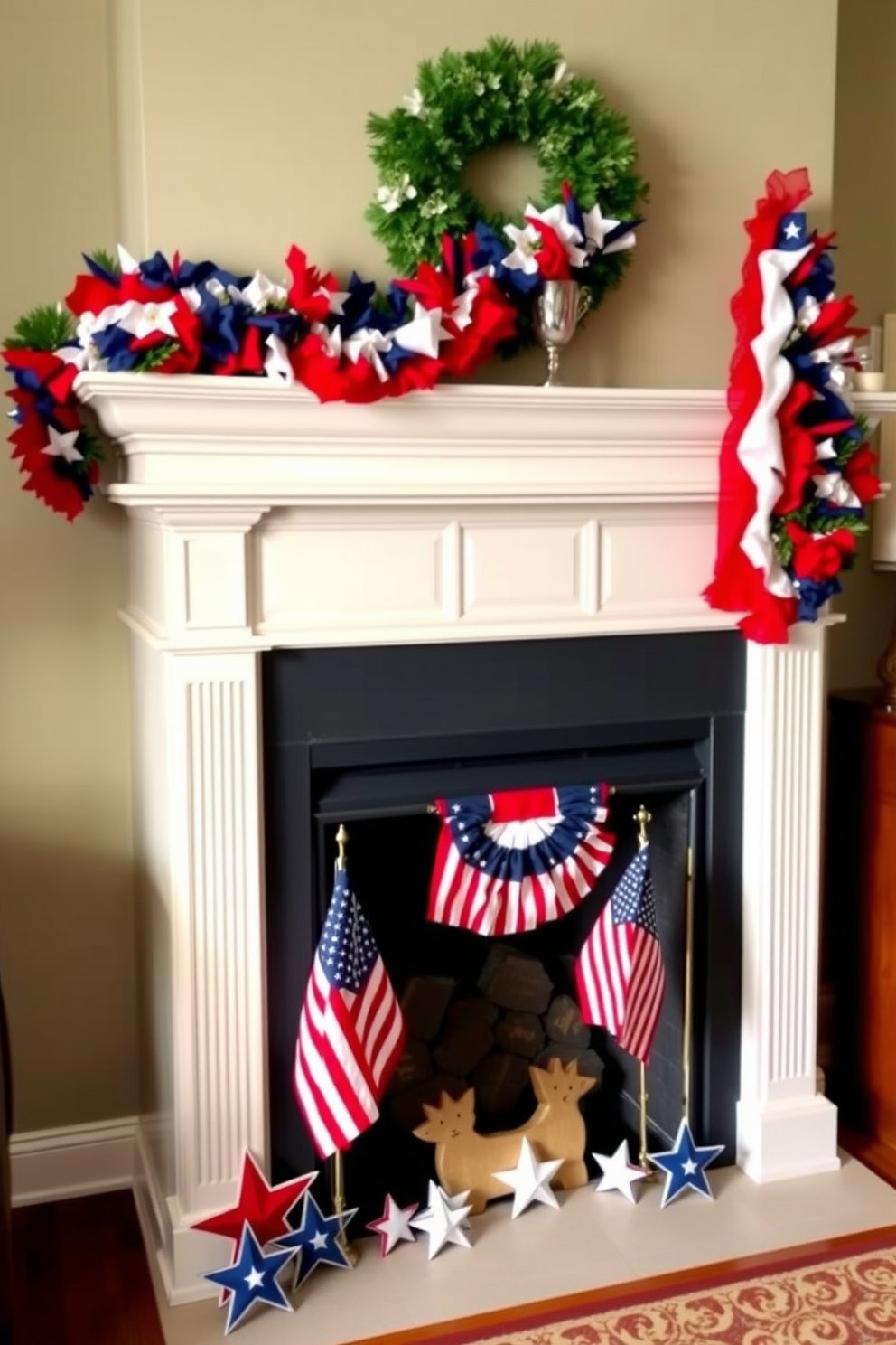 A patriotic garland is elegantly draped over a classic mantelpiece, showcasing red white and blue colors in a festive arrangement. The fireplace beneath is adorned with small American flags and decorative stars creating a warm and inviting atmosphere for Independence Day celebrations.